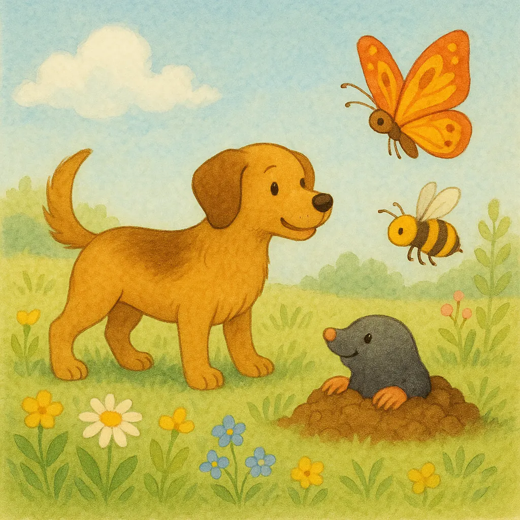 Bild im Stil einer Kinderbuchillustration von einem Hund, einem Maulwurf, einem Schmetterling und einer Biene auf einer Frühlingswiese