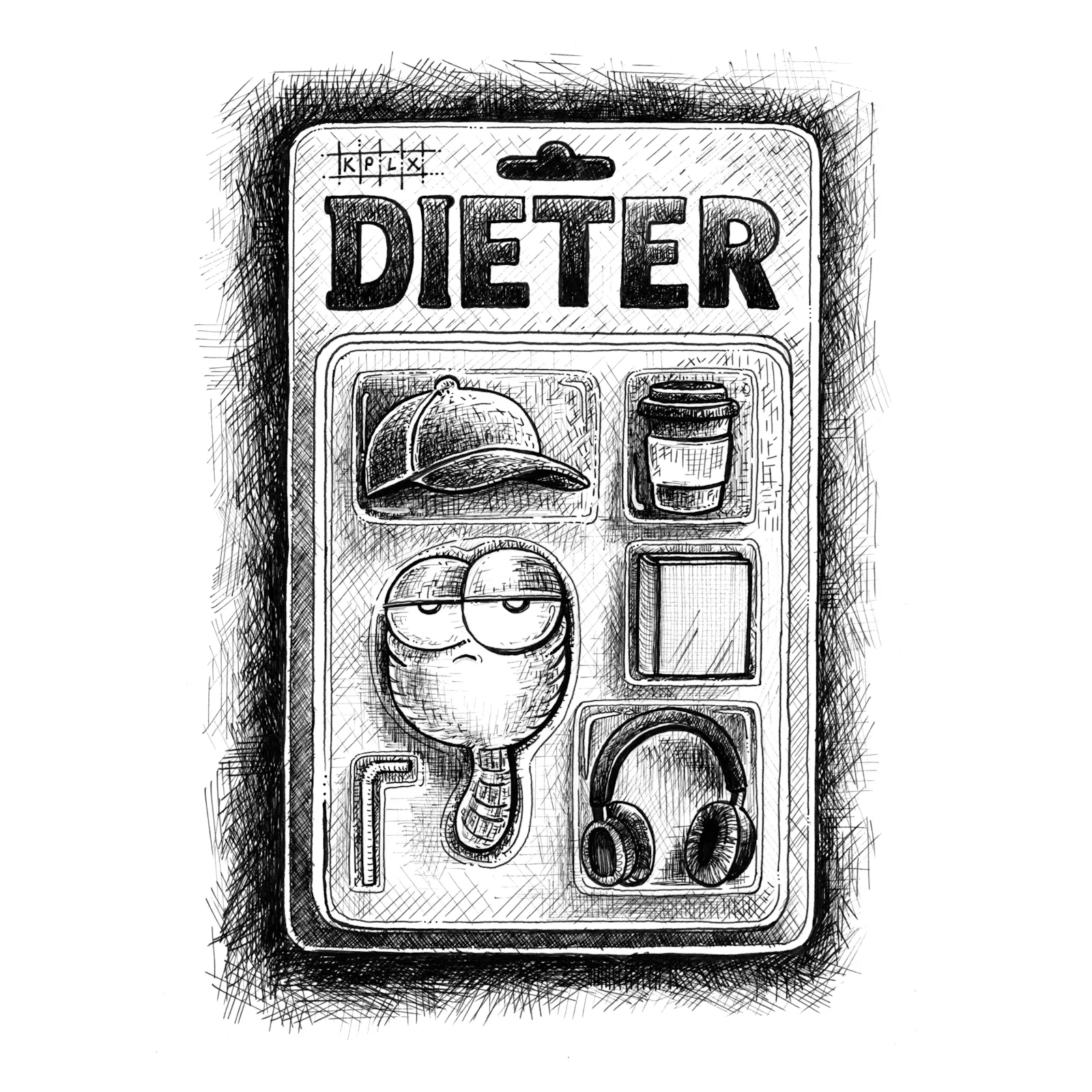 ALT-Text:
Schwarz-weiße Tuschezeichnung einer Dieter Wurm Actionfigur. Dieter ist mit müdem, leicht genervtem Blick dargestellt, eingepackt in einer typischen Blisterverpackung wie bei Spielzeugfiguren. Um ihn herum sind typische Accessoires vorhanden: eine Kappe, ein Coffee-to-go-Becher, ein Buch, Kopfhörer und ein Strohhalm. Oben steht groß der Name „DIETER“.