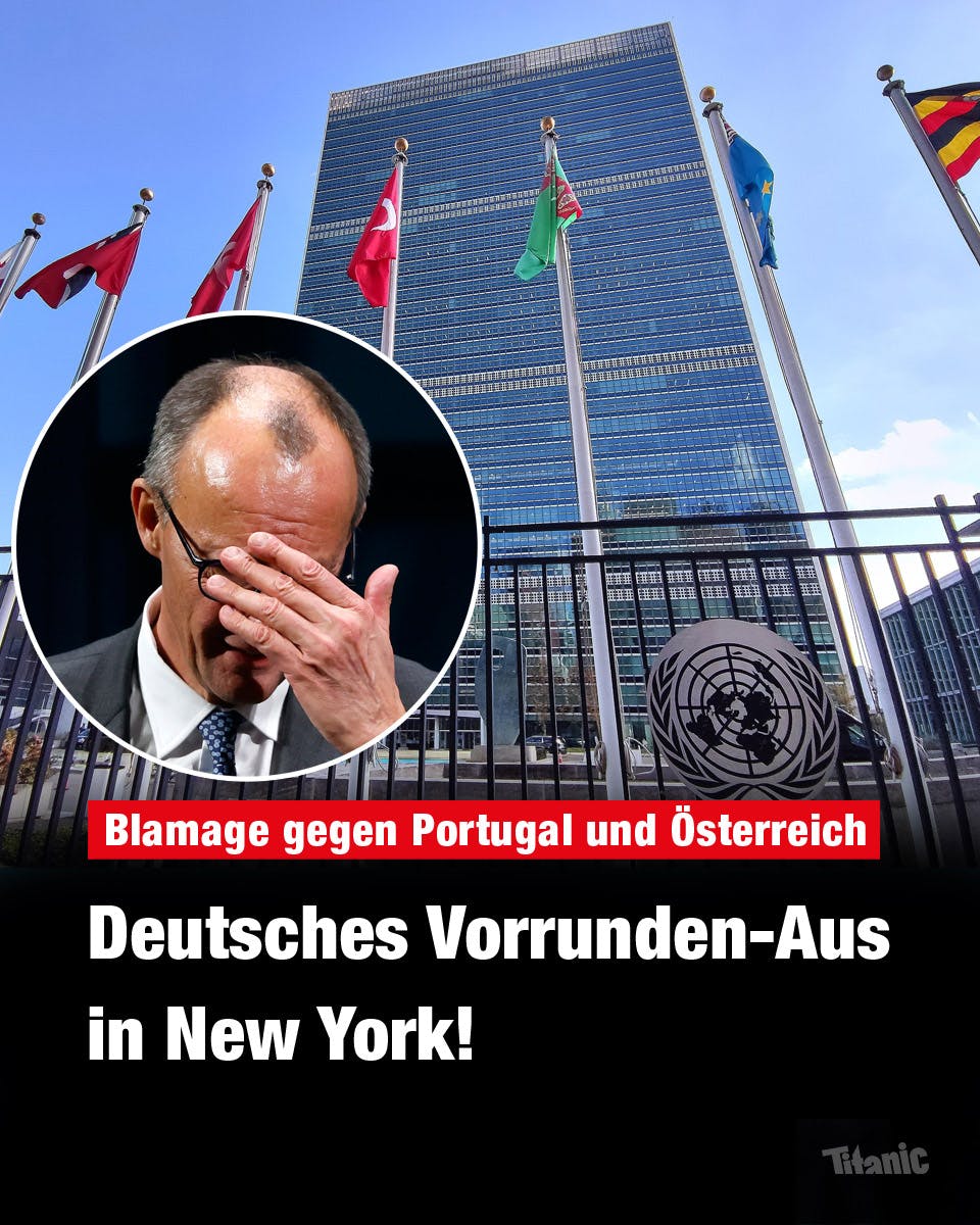 Fotomontage: Das UN-Gebäude in New York aus der Froschperspektive, davor ein Foto von Friedrich Merz, der sich die Hand vors Gesicht hält. Dazu der Text: "Blamage gegen Portugal und Österreich: Deutsches Vorrunden-Aus in New York!"