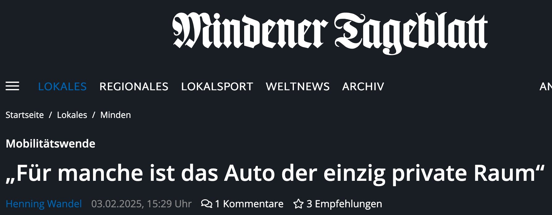 Screenshot eines Artikels über meinen Vortrag in Minden.