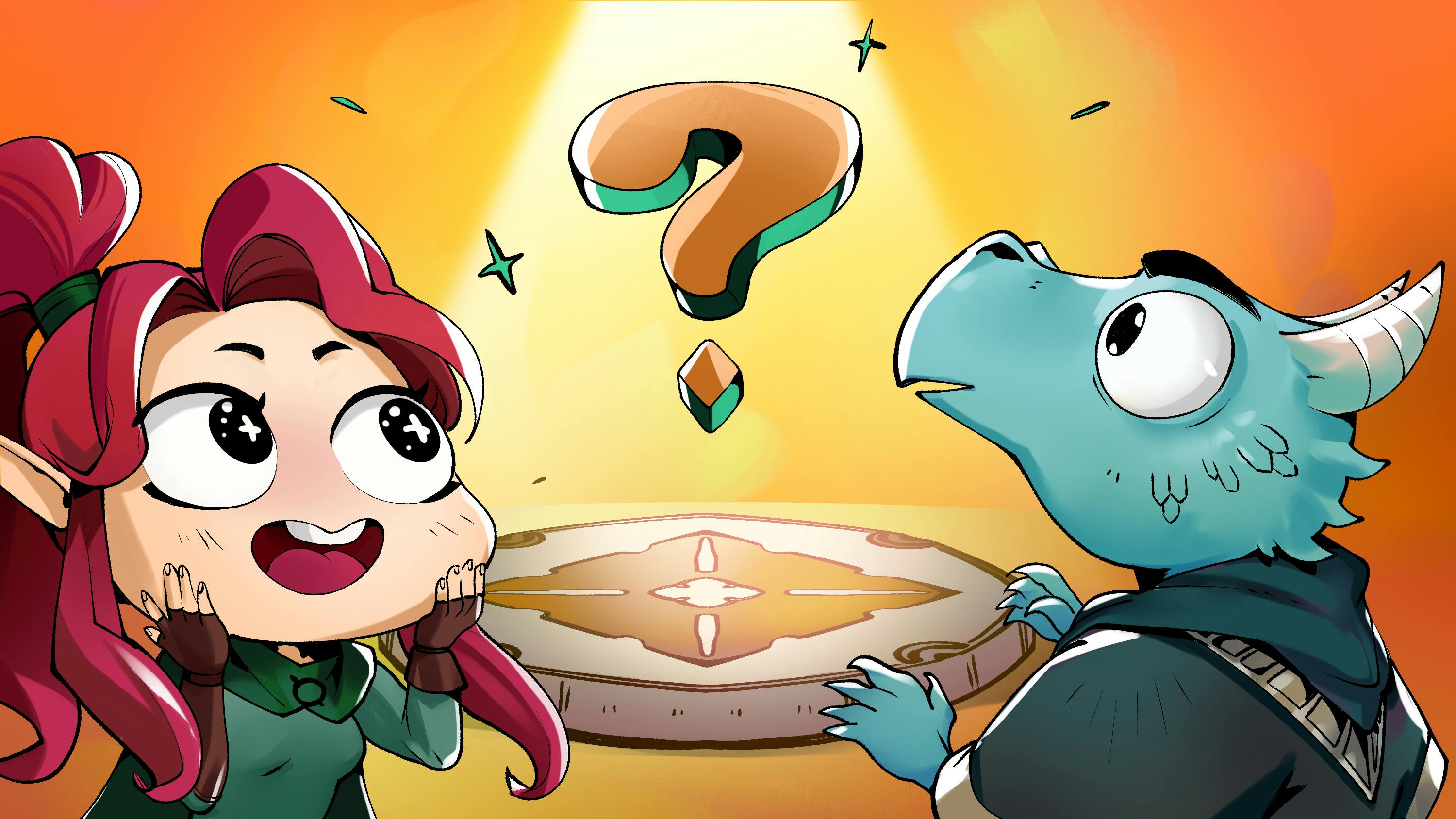 Das Thumbnail von Episode 27: Ein großes Fragezeichen schwebt über einem runden Podest. Elaynie guckt entzückt, Medrash erstaunt.