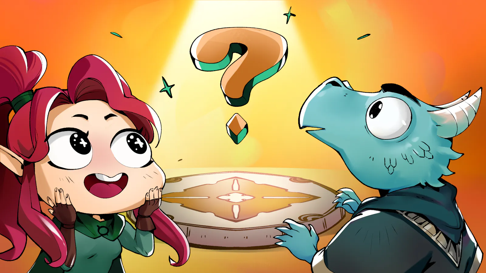 Das Thumbnail von Episode 27: Ein großes Fragezeichen schwebt über einem runden Podest. Elaynie guckt entzückt, Medrash erstaunt.
