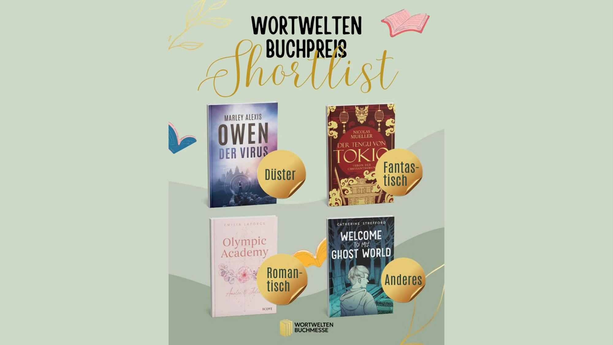 Ein Foto der Wortwelten Buchpreis Shortlist mit vier Büchern, eines davon "Welcome to my Ghost World" in der Kategorie "Anderes".