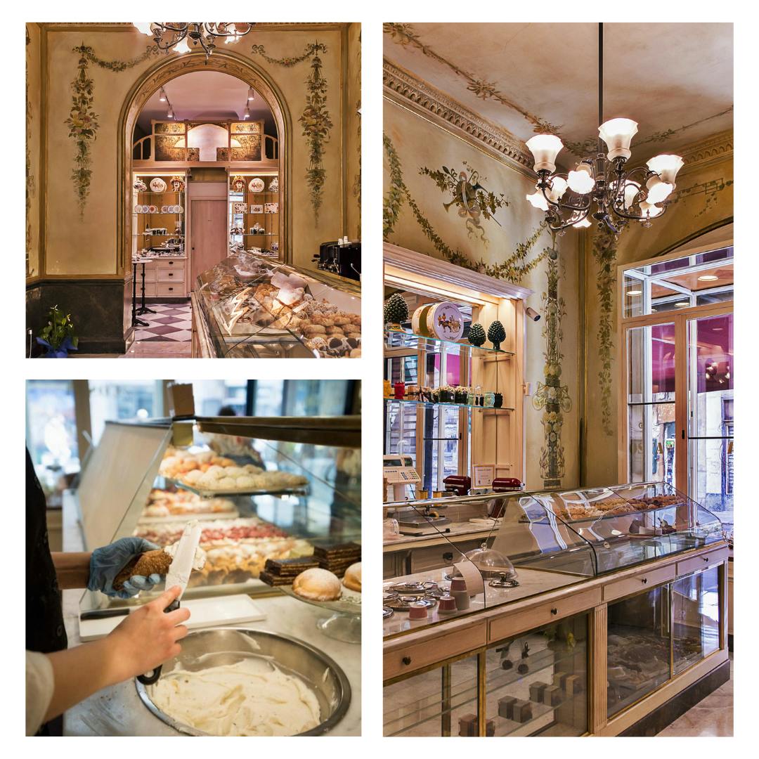 Drei Bilder der besten Pasticceria in Palermo namens Costa. Die Räumichkeiten sind wunderschön, es gibt hohe Räume mit Stukkaturen an der Decke. Das leckere glutenfreie, histaminarme Eis wird aus geschlossenen Behältern serviert. Sie gehört zum Best of Glutenfreies, histaminarmes Palermo.