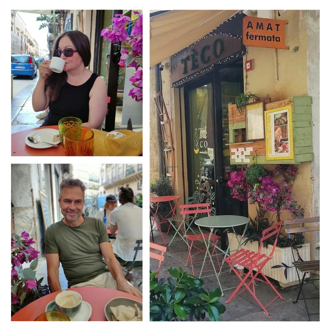 Glutenfreies, histaminarmes Palermo-Frühstück: Das geht am Besten im Teco. Drei Bilder, eines der Chefredakteurin, ihres Protagonisten, des Z., und ein Outdoorbild des Restaurants.