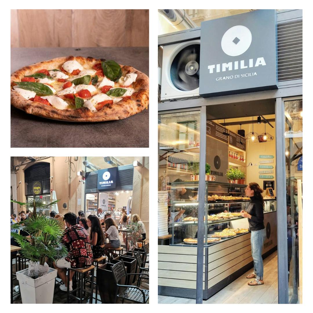 Drei Bilder der glutenfreien, histaminarmen Pizzeria Palermo namens Timilia. Empfehlenswert, glutenfrei und histaminarm: Die Pizza Caprese (Bianco).