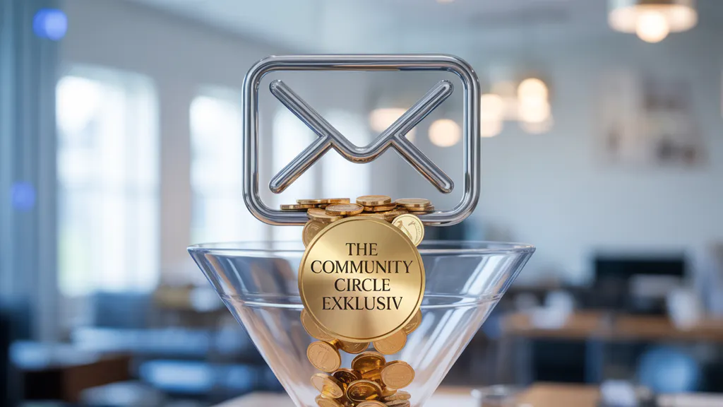 E-Mail-Marketing und automatisierte Funnels für Affiliates. E-Mail-Icon mit Goldmünzen und Funnel. Exklusiv im The Community Circle.