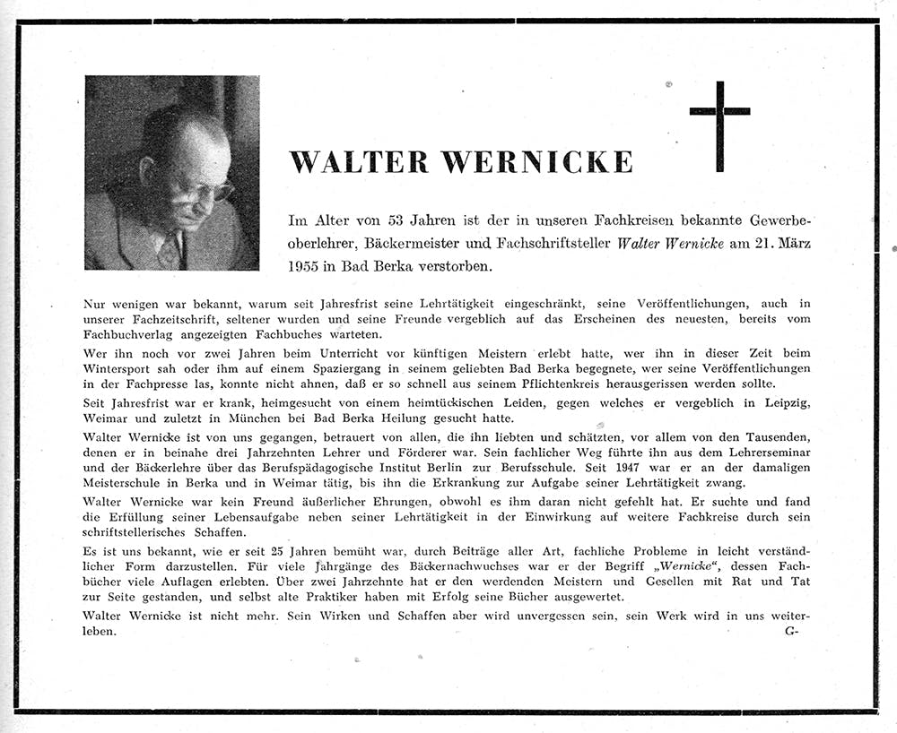 Die Traueranzeige seines Kollegiums zum Tod von Walter Wernicke [1]. Zum Vergrößern bitte Rechtsklick und im neuen Fenster/Tab öffnen.