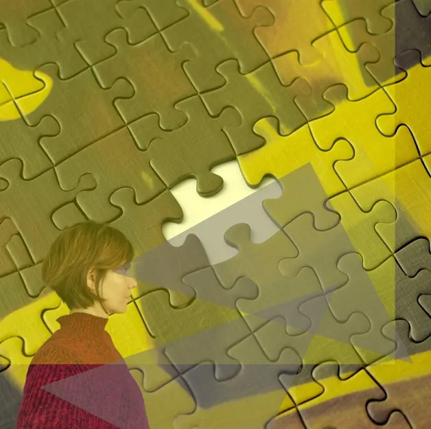 Abstrakte Abbildung mit einem fehlenden Puzzleteil und verschiedenen geometrischen Formen, die über das Seitenprofil der Autorin gelegt sind