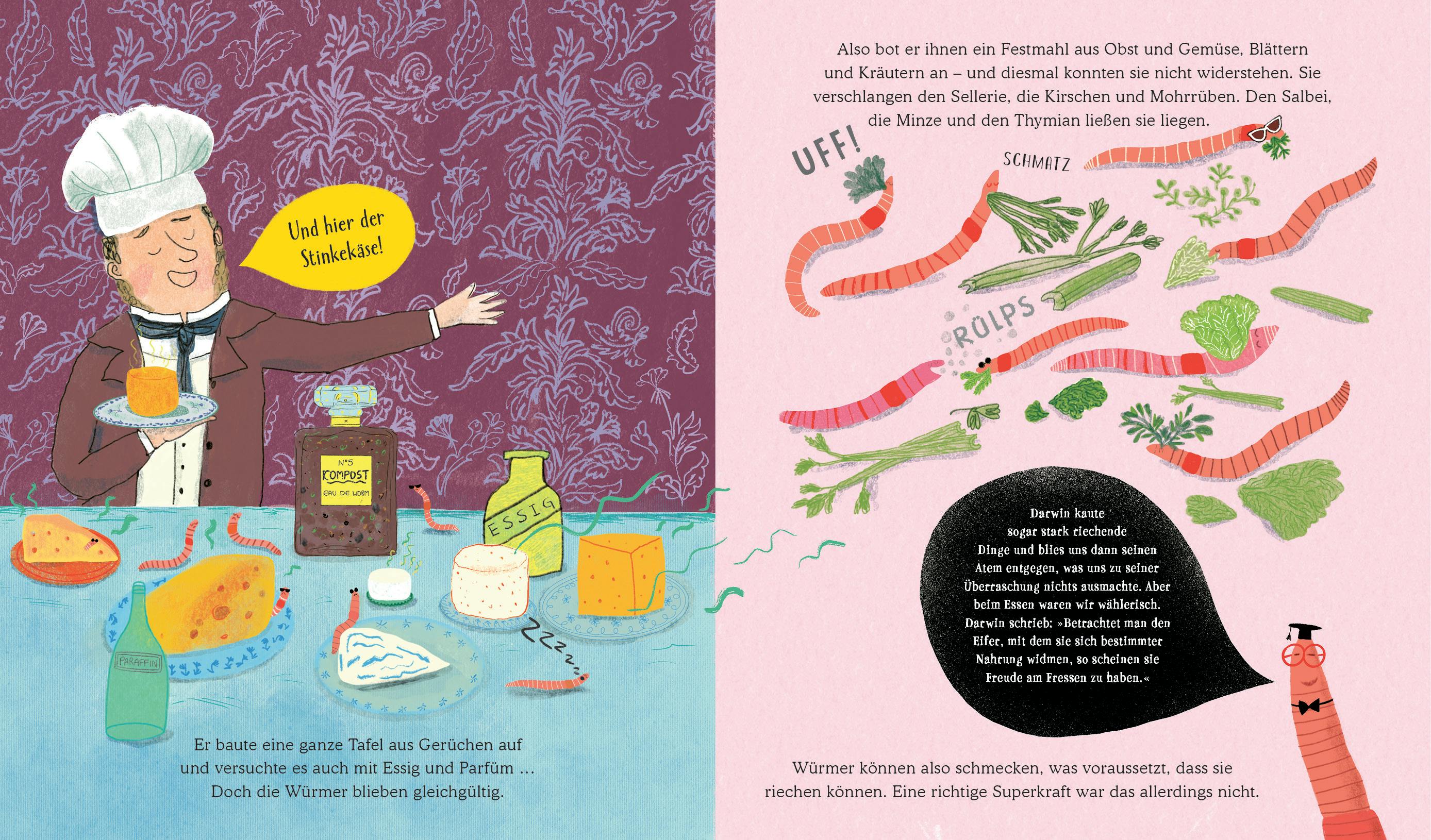 Aus DARWINS GROSSES REGENWURM-SPEKTAKEL // © Polly Owen (Texte), Gwen Millward (Illustrationen) / © 2024 Penguin Junior
