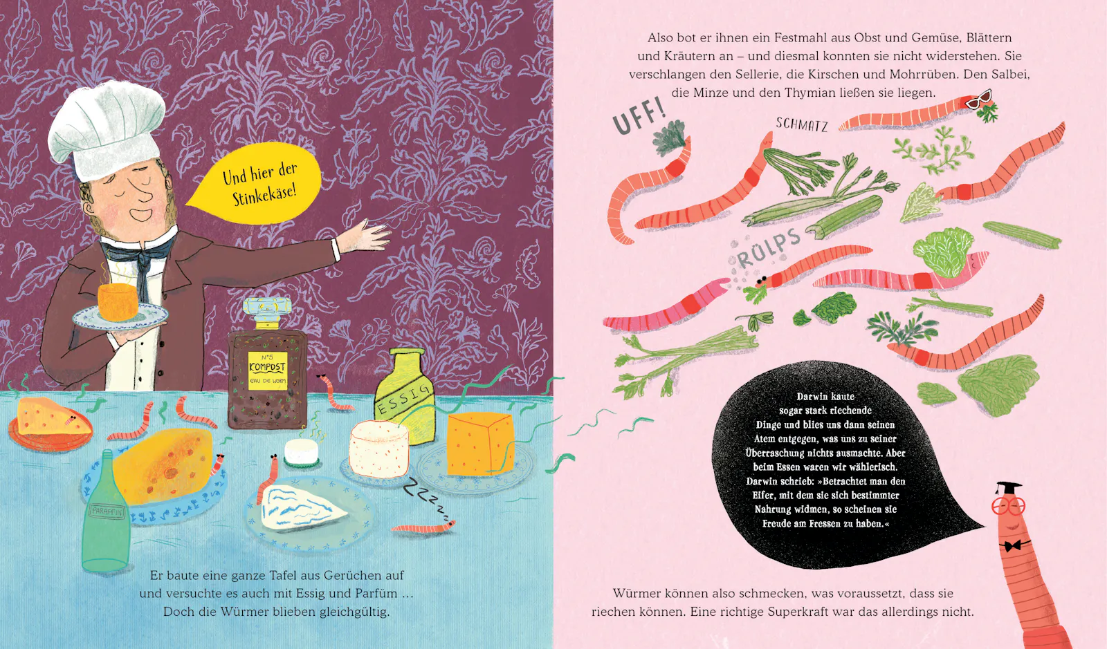 Aus DARWINS GROSSES REGENWURM-SPEKTAKEL // © Polly Owen (Texte), Gwen Millward (Illustrationen) / © 2024 Penguin Junior