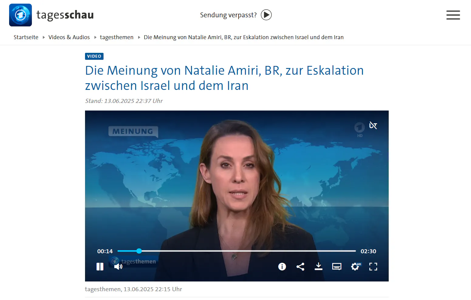 Screenshot der Tagesschauseite mit dem Kommentar (Video)