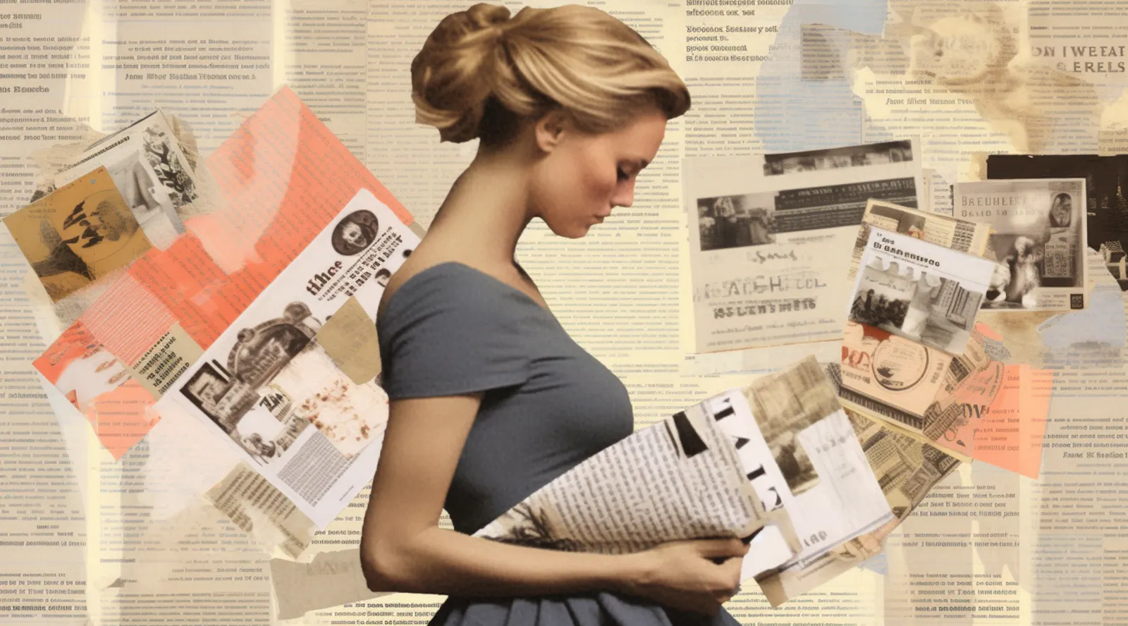 Collage. Im Hintergrund verschiedene Zeitungsausschnitte. Im Vordergrund eine schwangere Frau mit grauem Kleid, die eine Zeitung in der Hand hält und liest.