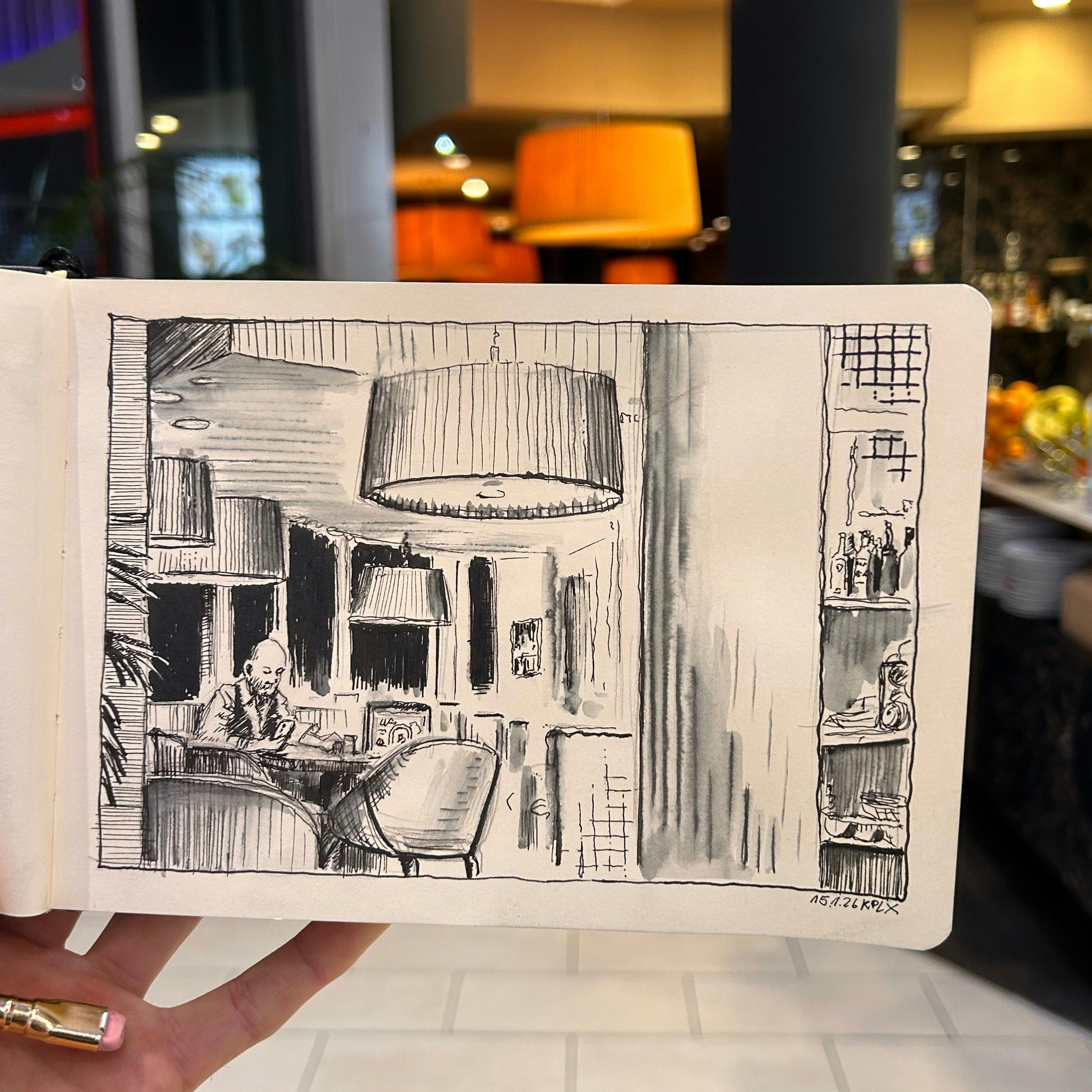 Urban Sketch, Zeichnung im Sketchbook, 15.01.2026 in Aachen, Eisdiele im aquis plaza