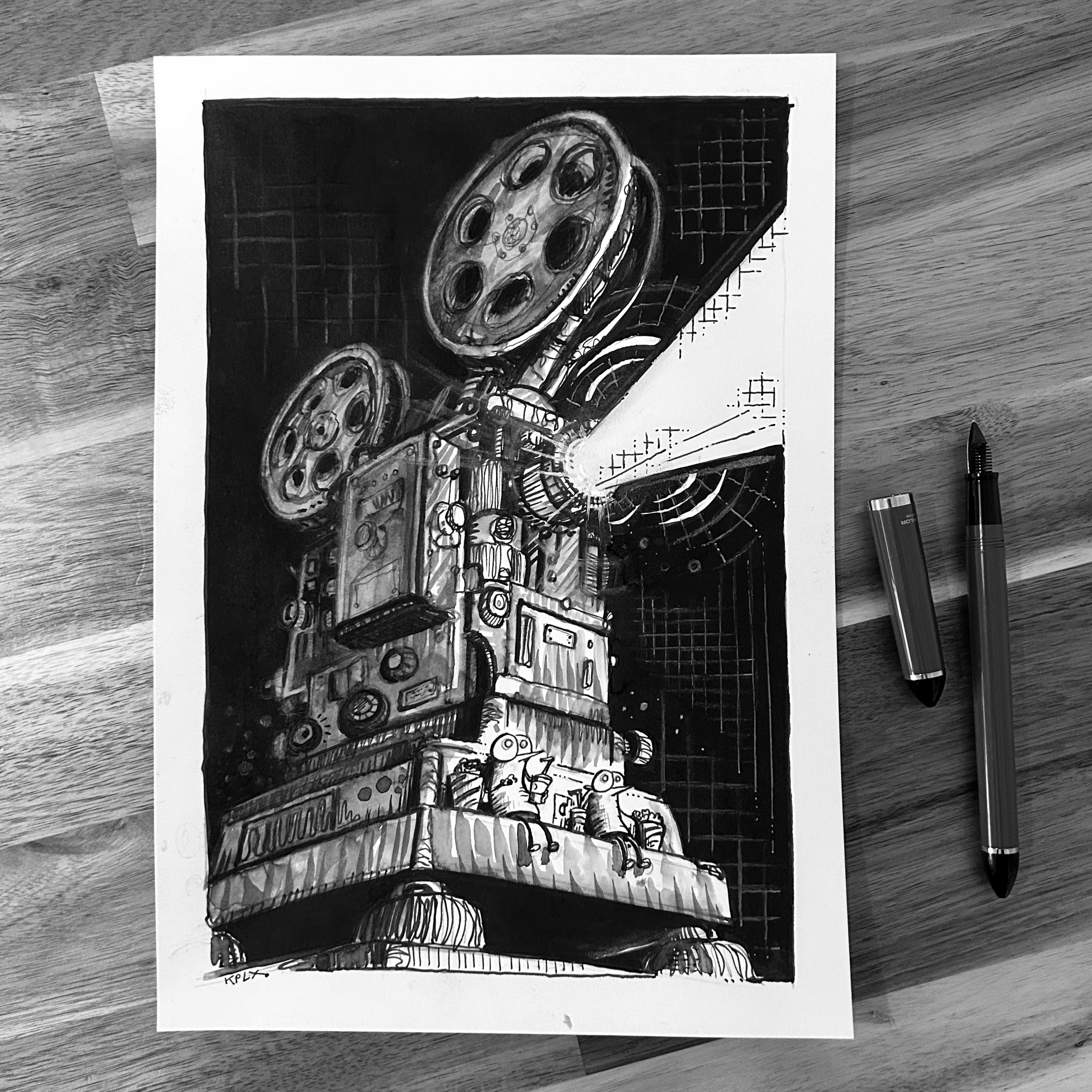 ALT-Text (DE)

Schwarz-weiße Tuschezeichnung auf A4: Eine große, alte Filmkamera mit zwei Filmrollen projiziert einen hellen Lichtstrahl nach rechts. Unten auf dem Sockel sitzen zwei kleine Fliegen, die entspannt Popcorn essen und Getränke halten, während sie den projizierten Film anschauen. Der Hintergrund ist dunkel und rasterartig schraffiert.

⸻

ALT-Text (EN)

Black-and-white ink drawing on A4: A large, old-fashioned film camera with two reels projects a bright beam of light to the right. At the base of the camera, two small flies sit casually, eating popcorn and holding drinks while watching the projected film. The background is dark with grid-like crosshatching.
