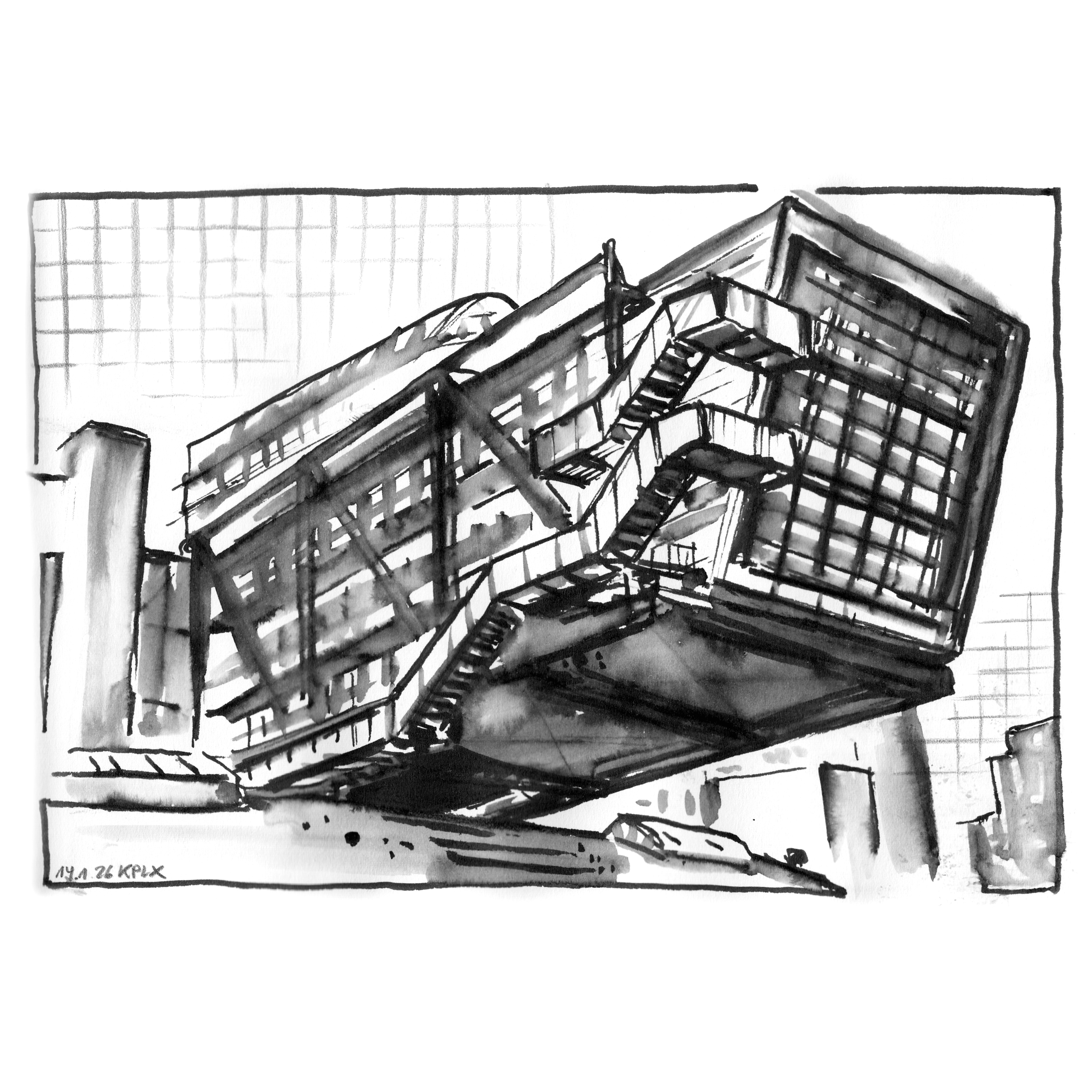 Zeichnungen aus dem Sketchbook: Tuschezeichnung Medienhafen in Düsseldorf vom 14.01.2026