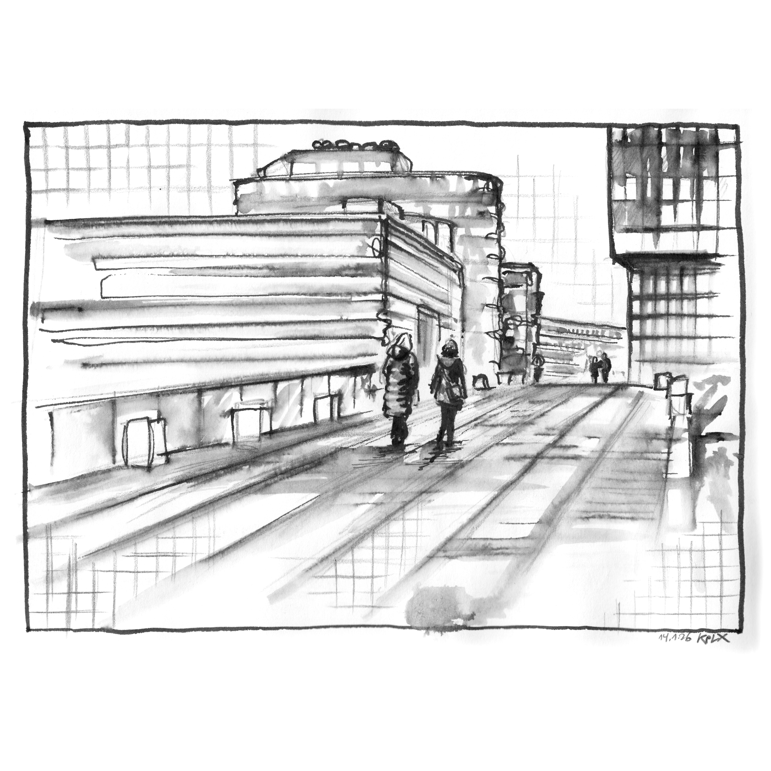 Zeichnungen aus dem Sketchbook: Tuschezeichnung Medienhafen in Düsseldorf vom 14.01.2026