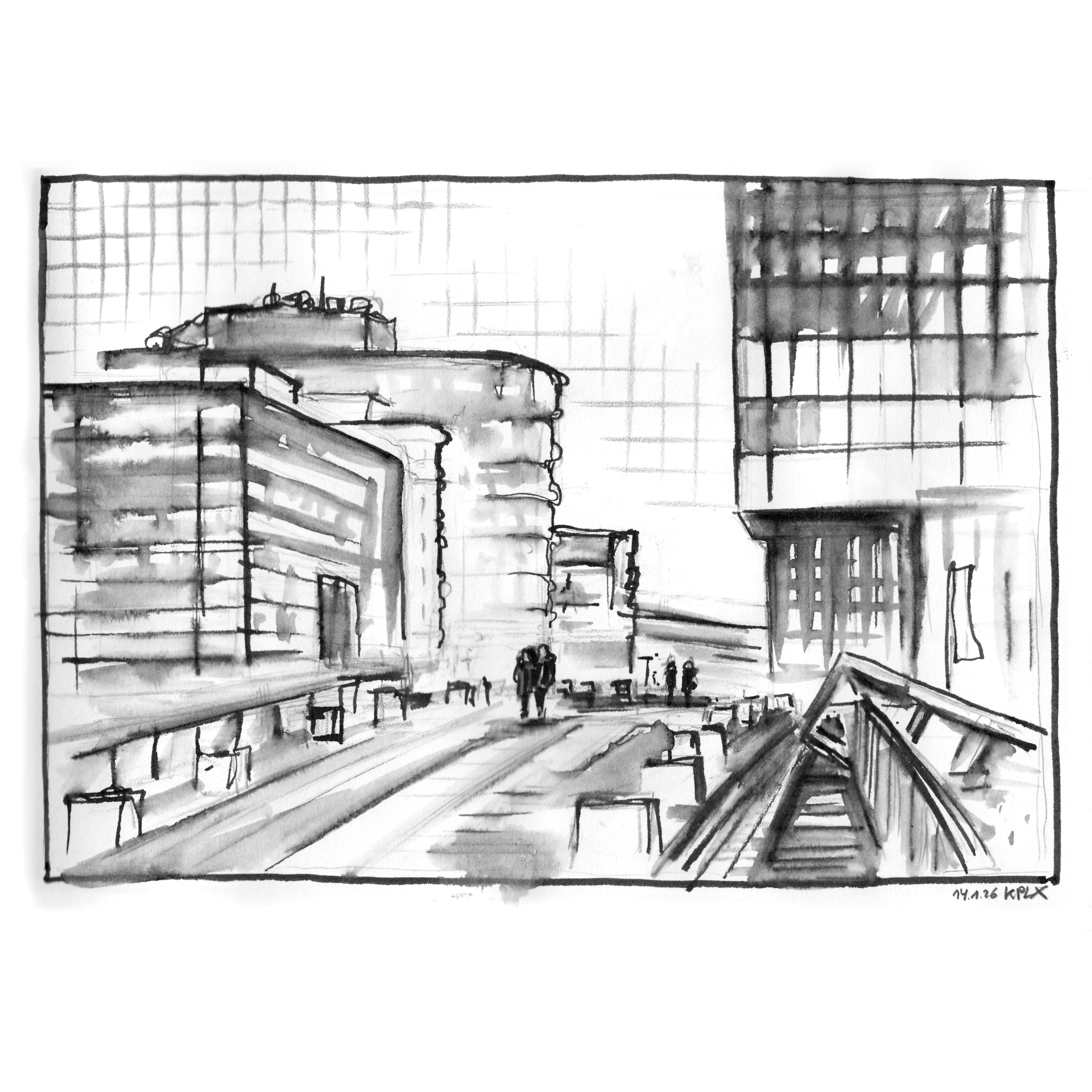 Zeichnungen aus dem Sketchbook: Tuschezeichnung Medienhafen in Düsseldorf vom 14.01.2026