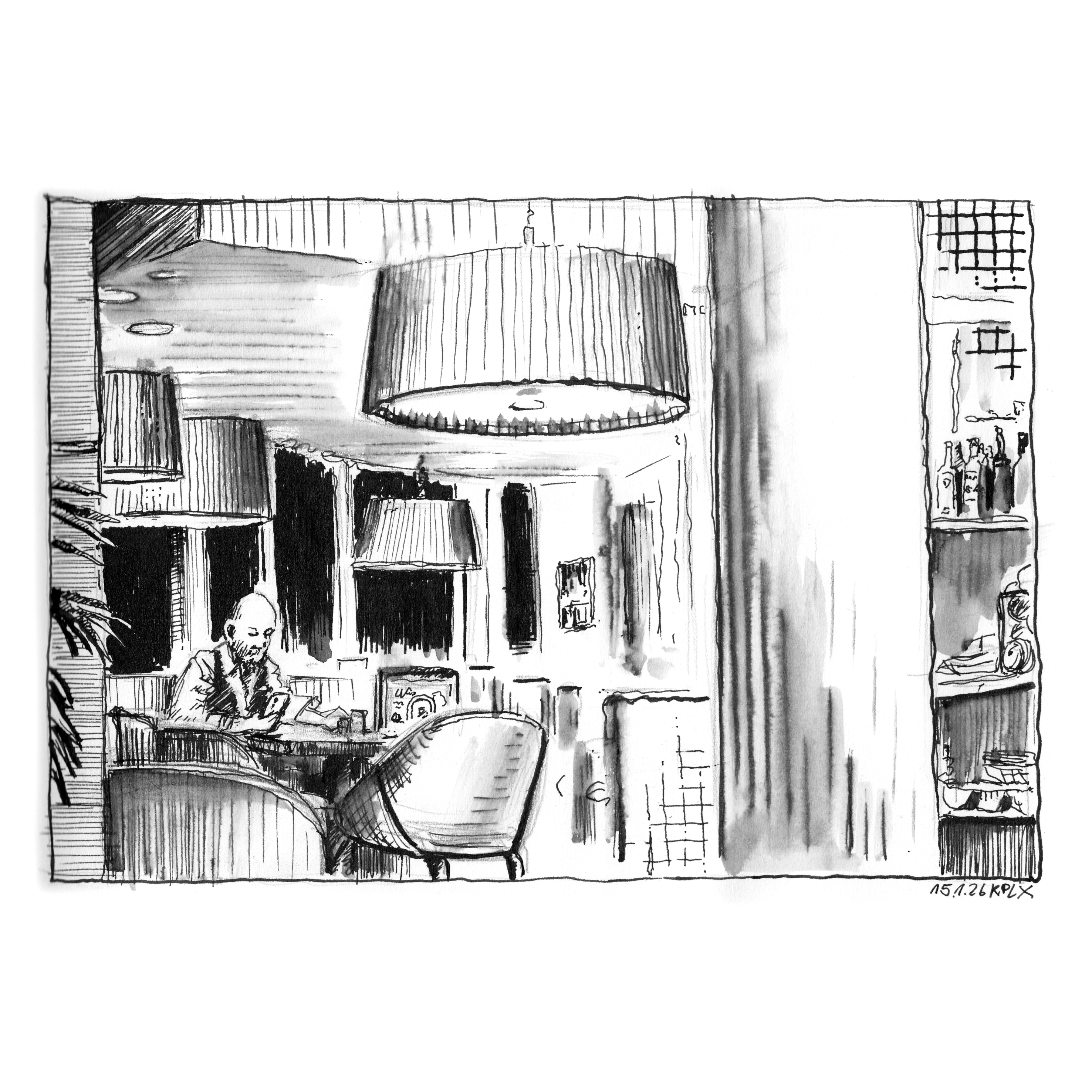 Urban Sketch, Zeichnung im Sketchbook, 15.01.2026 in Aachen, Eisdiele im aquis plaza