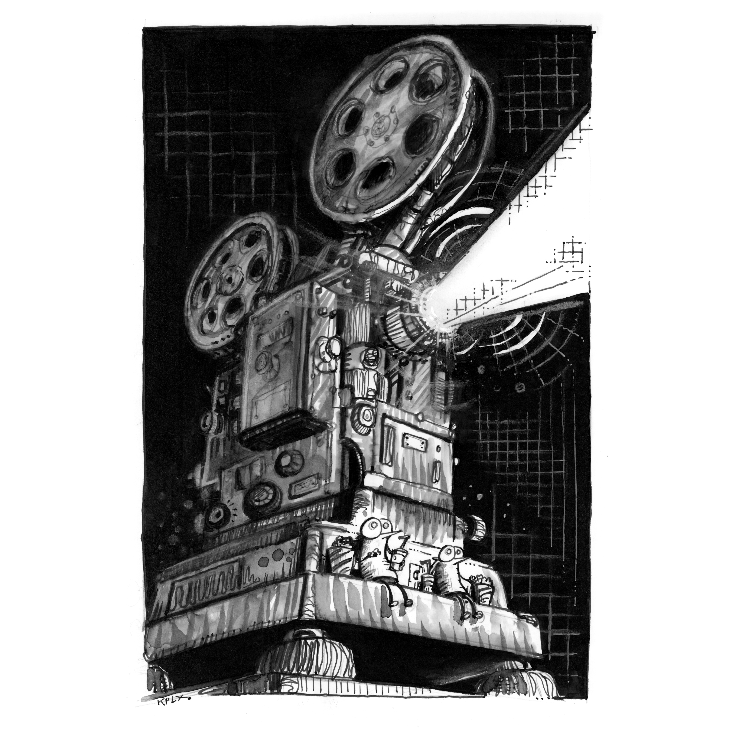 ALT-Text (DE)

Schwarz-weiße Tuschezeichnung auf A4: Eine große, alte Filmkamera mit zwei Filmrollen projiziert einen hellen Lichtstrahl nach rechts. Unten auf dem Sockel sitzen zwei kleine Fliegen, die entspannt Popcorn essen und Getränke halten, während sie den projizierten Film anschauen. Der Hintergrund ist dunkel und rasterartig schraffiert.

⸻

ALT-Text (EN)

Black-and-white ink drawing on A4: A large, old-fashioned film camera with two reels projects a bright beam of light to the right. At the base of the camera, two small flies sit casually, eating popcorn and holding drinks while watching the projected film. The background is dark with grid-like crosshatching.