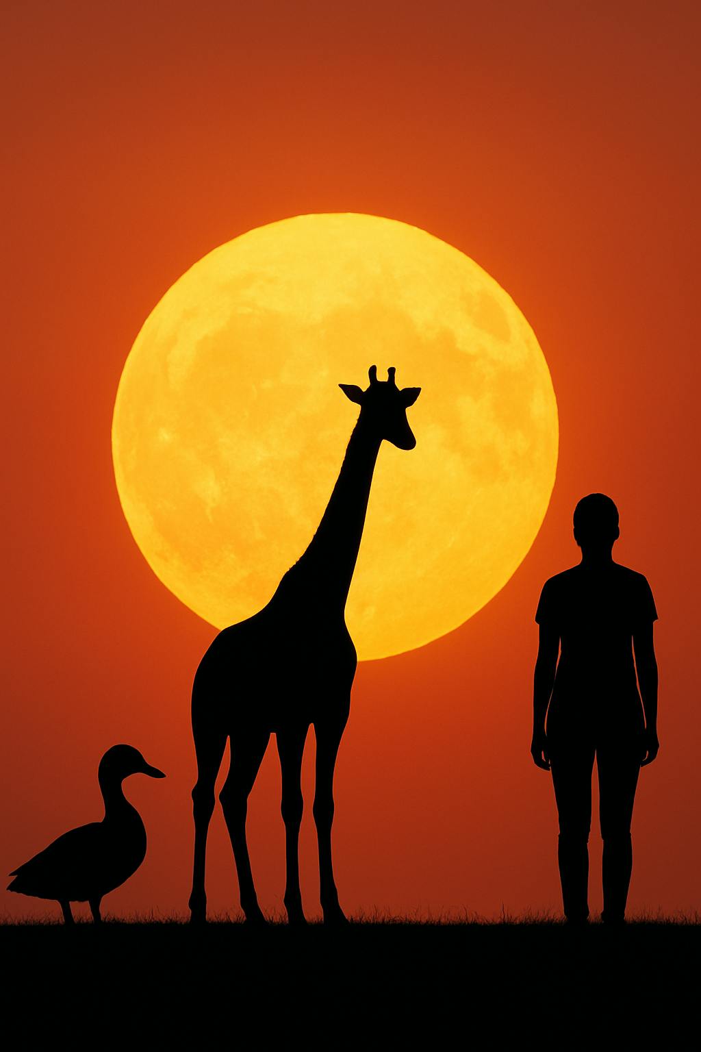 Schatten einer Gans, einer Giraffe und eines Menschen vor der Sonne.