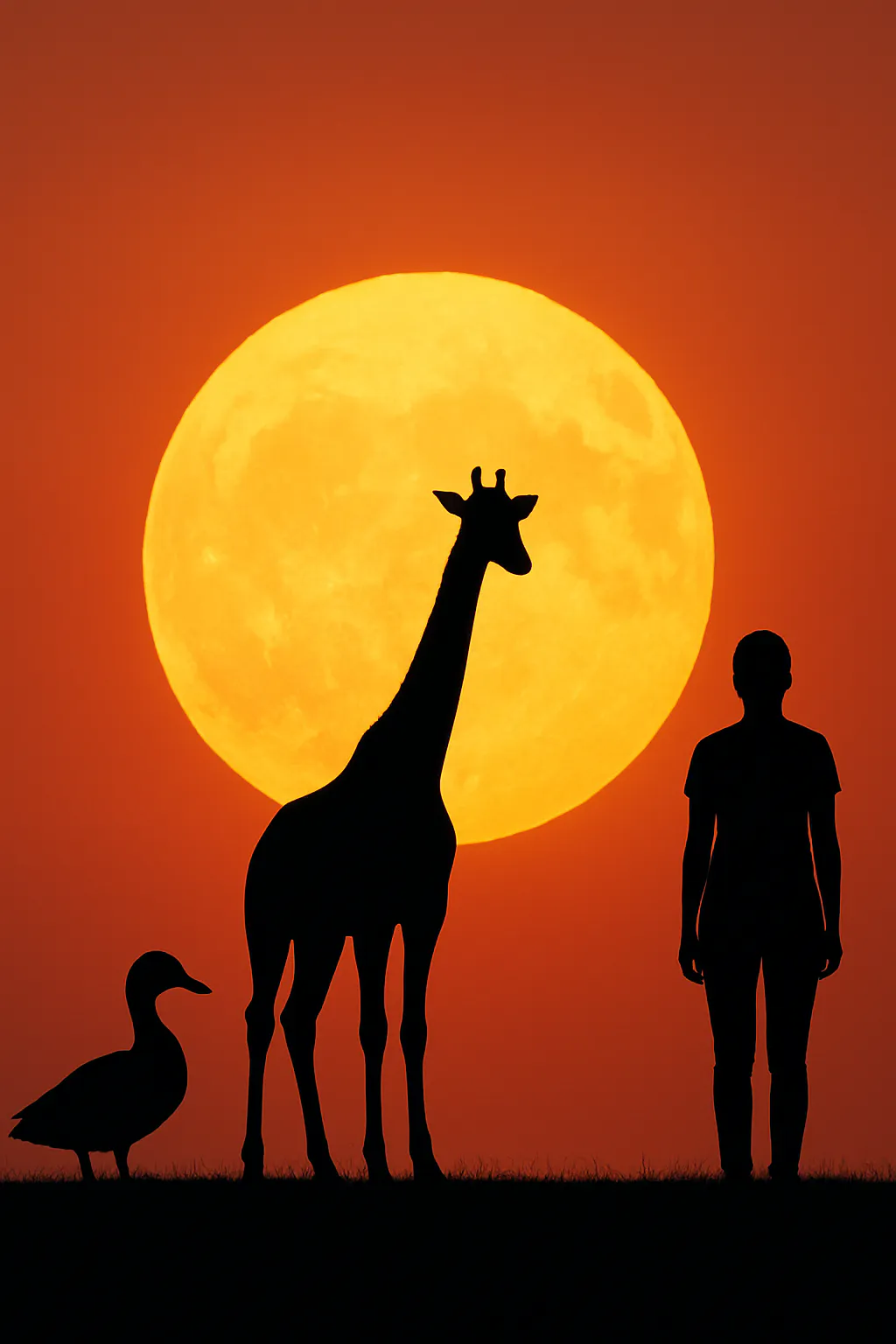 Schatten einer Gans, einer Giraffe und eines Menschen vor der Sonne.