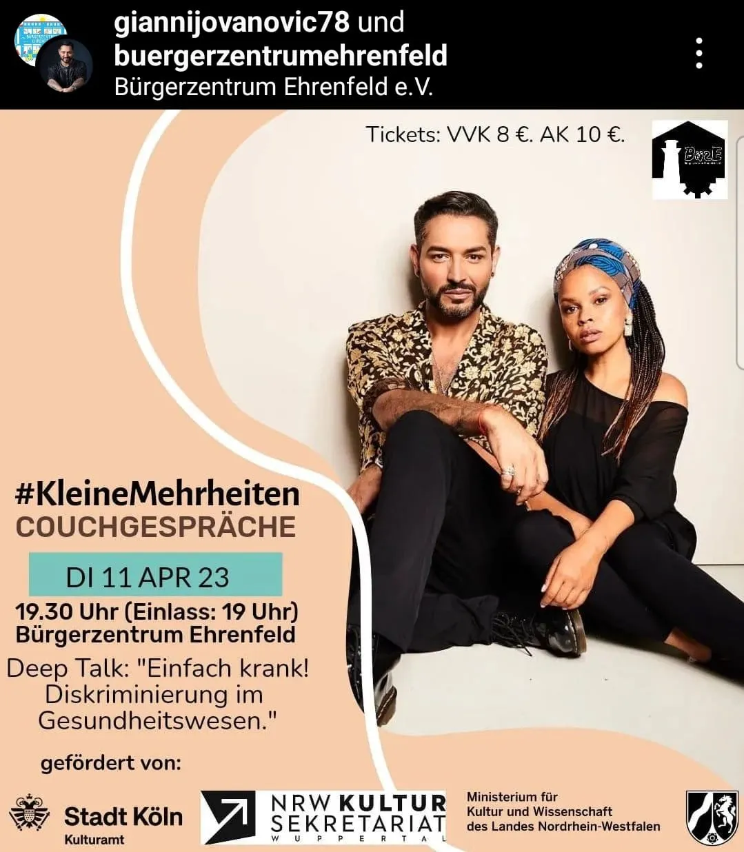 Ein Veranstaltungsposter für die Veranstaltung am 11. 04. im Bürgerzentrum Köln Ehrenfeld.