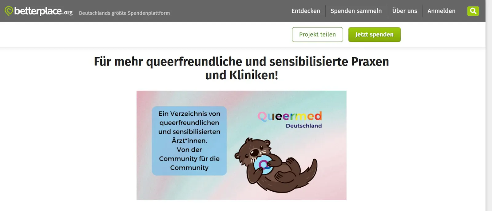Ein Screenshot von der Betterplace Kampagne von Queermed.
