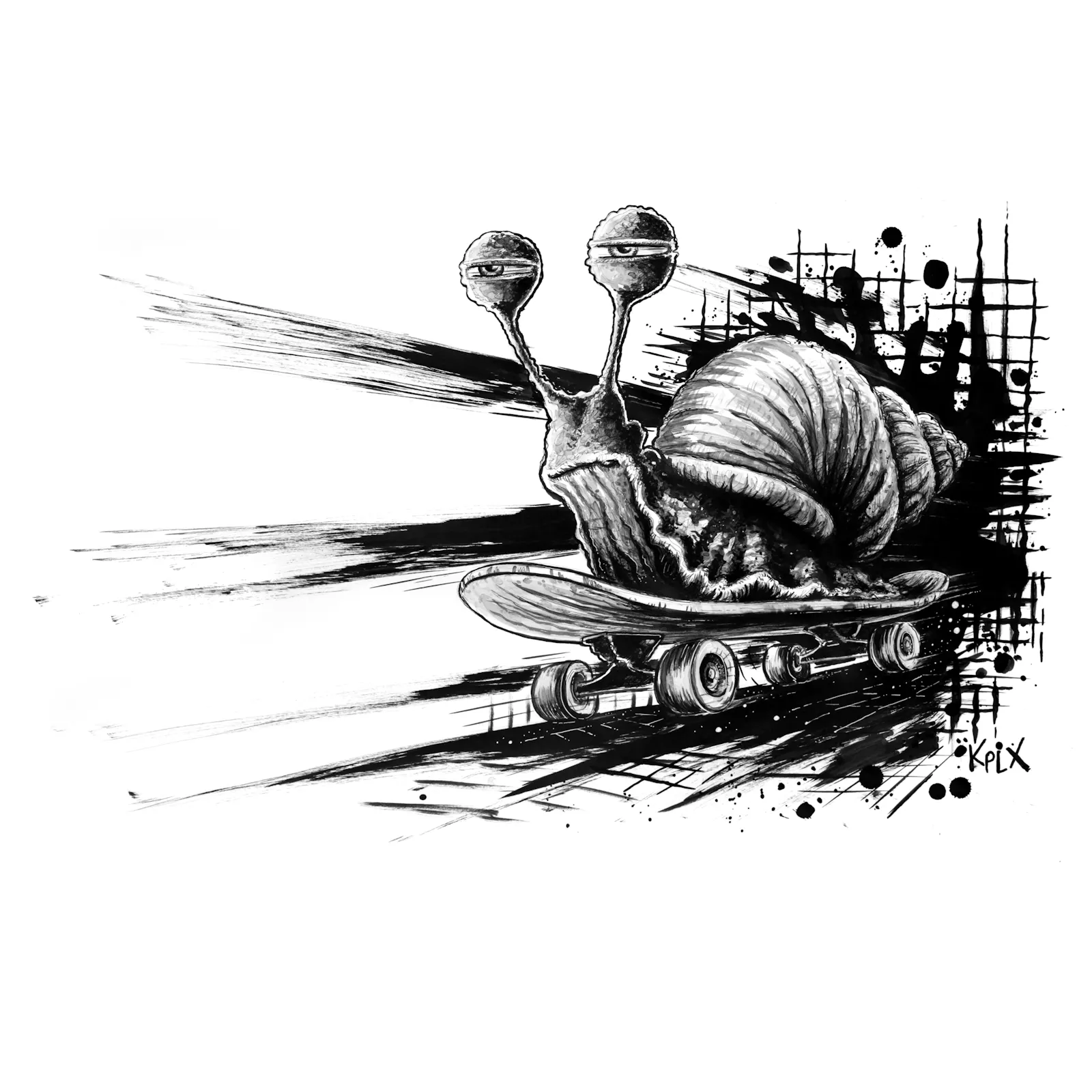 Schwarz-weiße Tuschezeichnung einer Schnecke mit spiraligem Gehäuse, die lässig auf einem Skateboard fährt. Der Hintergrund besteht aus dynamischen Strichen, Spritzern und Rastermustern, die Bewegung und Geschwindigkeit andeuten. Die Schnecke blickt mit halb geschlossenen Augen und einem entspanntem Ausdruck nach vorn.