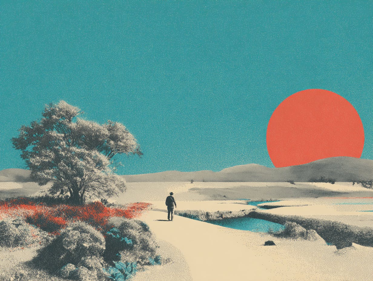 Ein Mann geht durch eine Landschaft