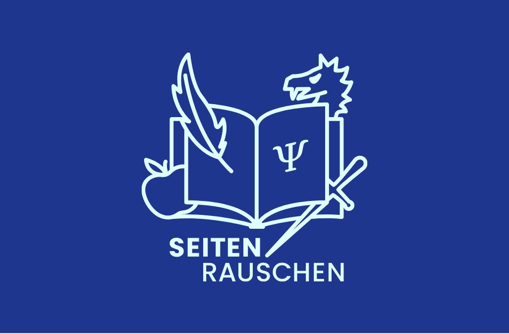 ein aufgeschlagenes Buch mit Apfel, Feder, Drachenkopf, griechischem Buchstaben Psi, Stilett. Unten Schriftzug seitenrauschen