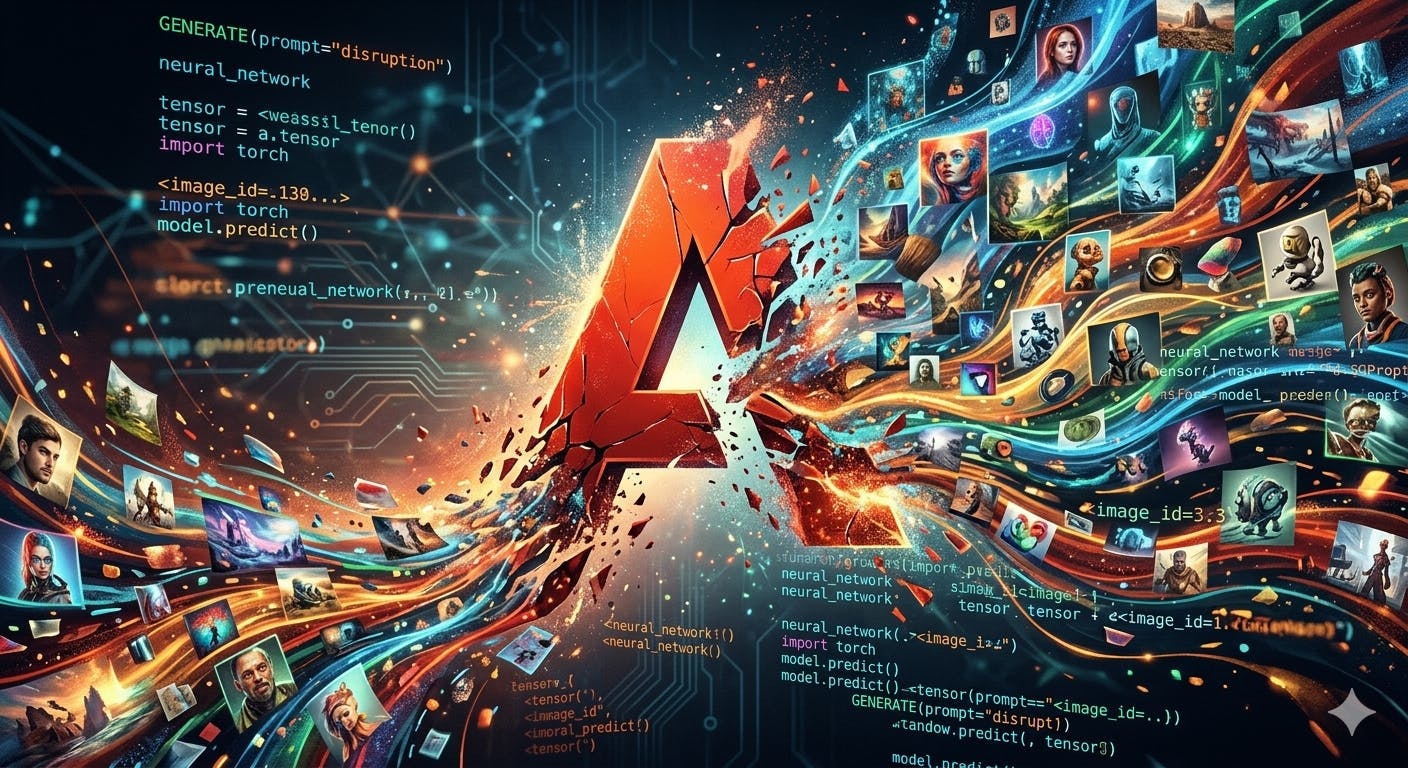 A dramatic digital illustration of Adobe dies.