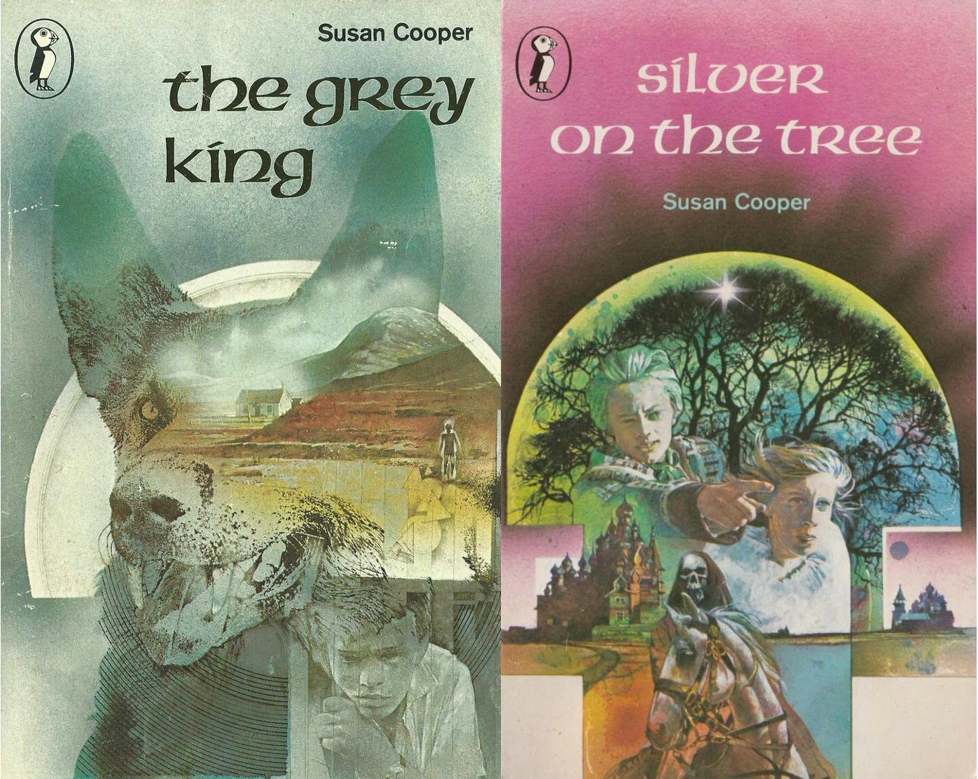Susan Cooper's The Grey King and Silver on the Tree, in the Puffin editions with cover art by Michael Heslop