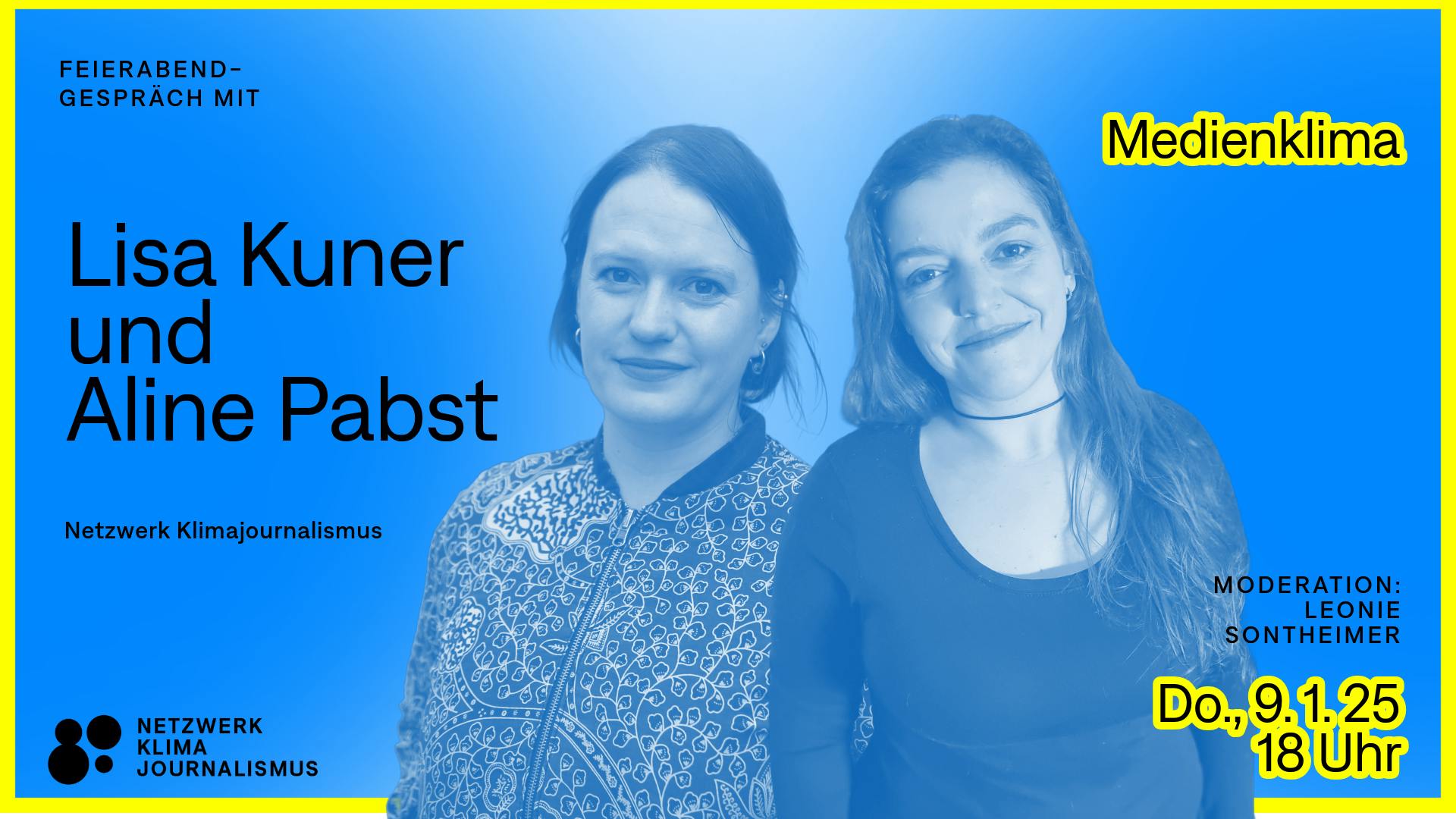 Die Kachel zeigt Lisa Kuner und Aline Pabst. Lisa trägt eine gemusterte Jacke und die Haare nach hinten. Aline hat lange Haare, die ihr über die Schulter fallen und trägt ein langärmliges Shirt. Die Fotos sind leicht blau eingefärbt.