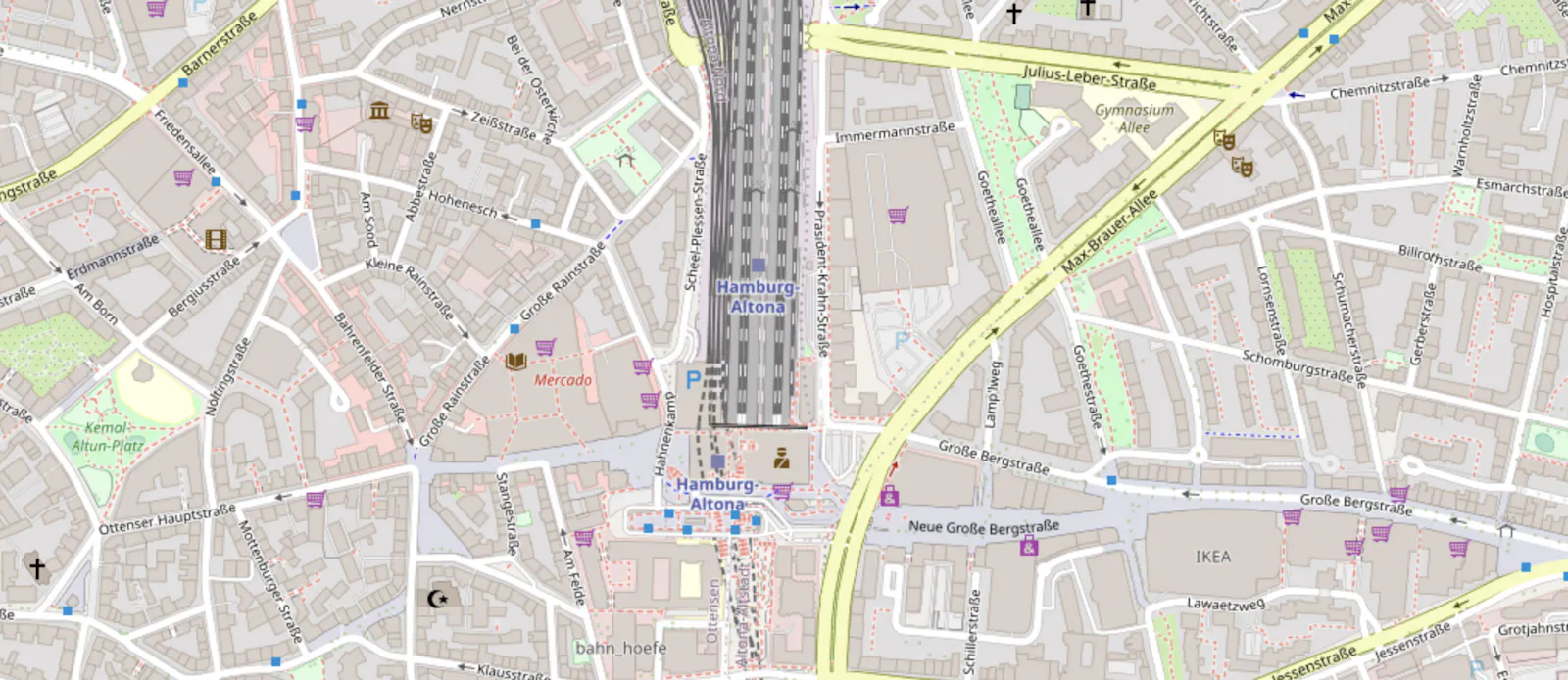 Geographische Karte von Hamburg Altona mit dem Kopfbahnhof im Zentrum