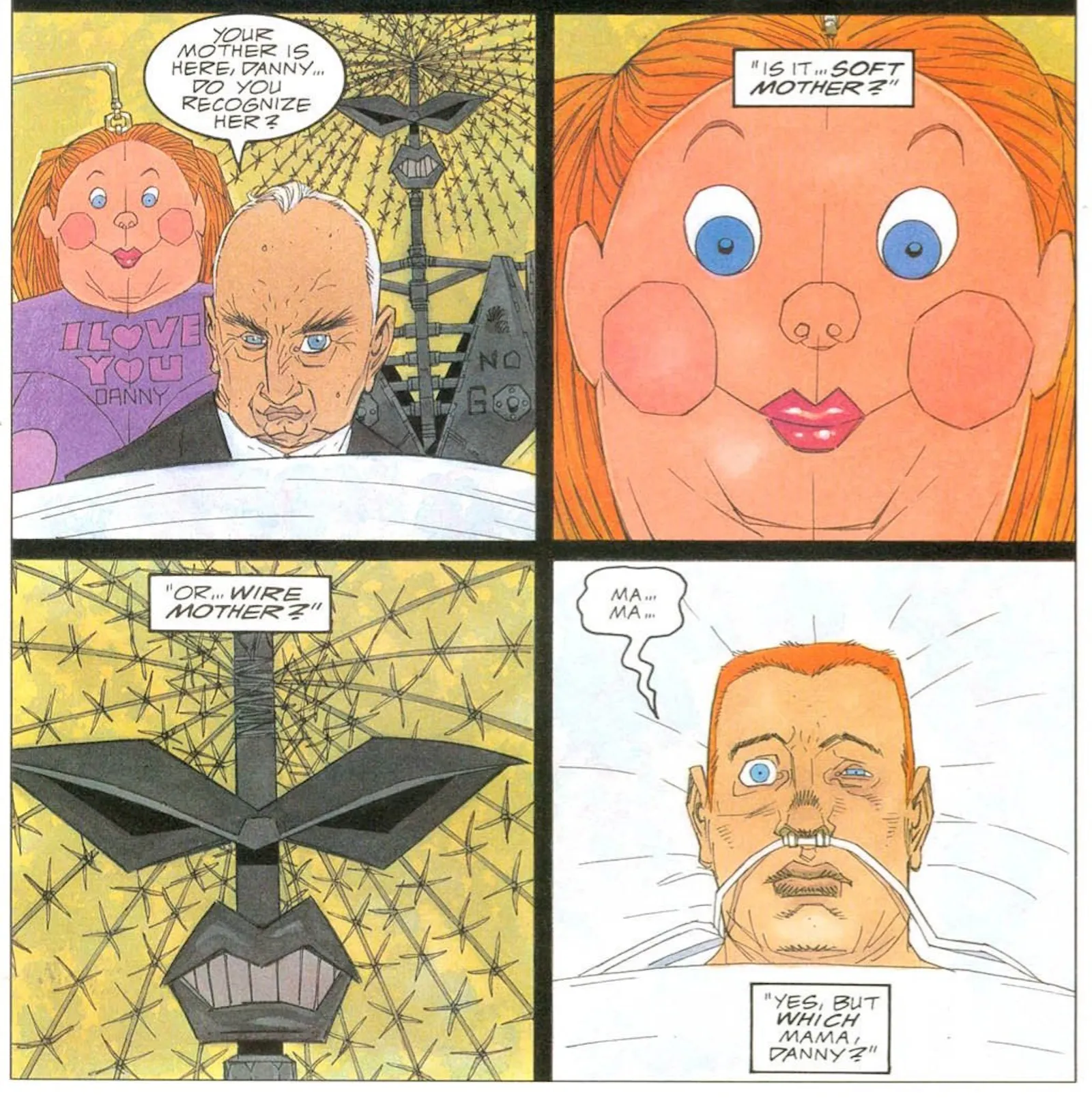 A capture of a few comics panels with a character presented with the choice between soft mother, a cuddly doll, or wire mother, a doll made of barbed wire. It ends with the text 'But which mother, Denny?