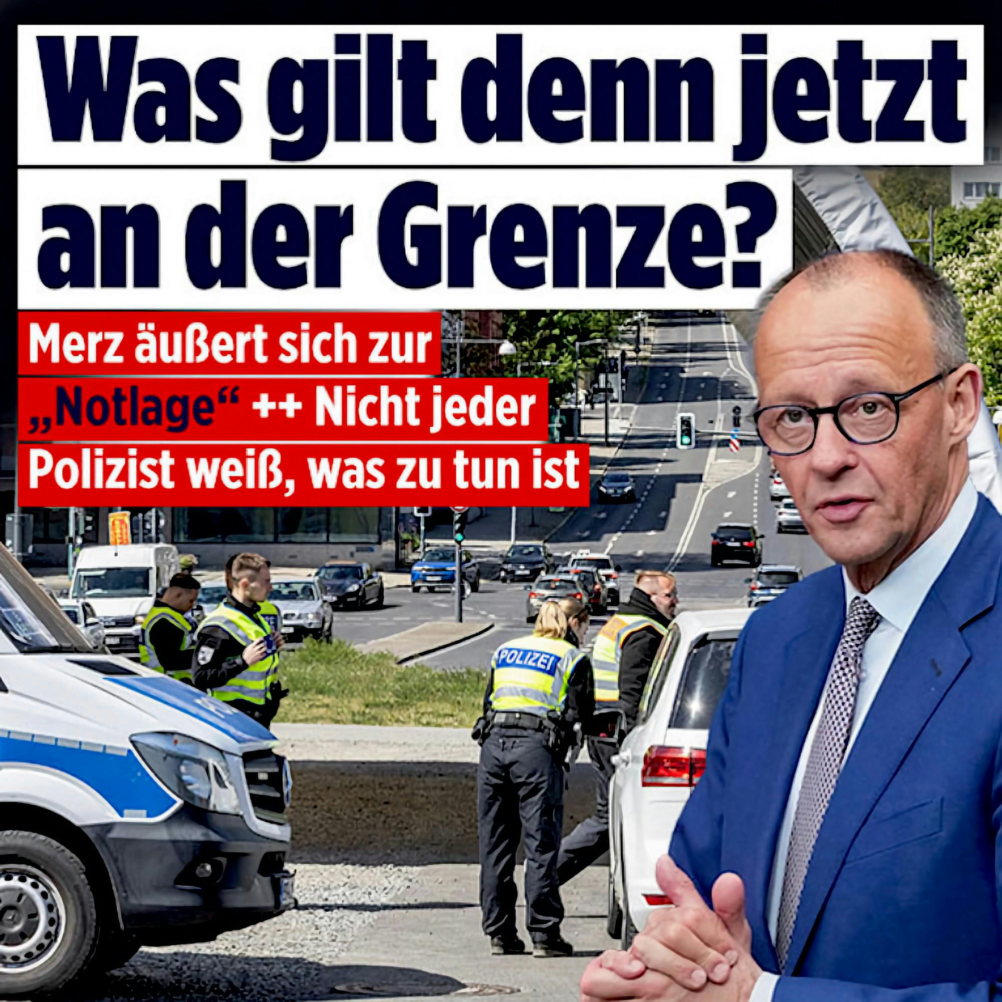 Bild-Sharepic: Was gilt denn jetzt an der Grenze? Merz äußert sich zur "Notlage" ++ Nicht jeder Polizist weiß, was zu tun ist

Fotomontage eines entschlossen die Hände reibenden Merz vor Polizist*innen und einer vielbefahrenen Straße