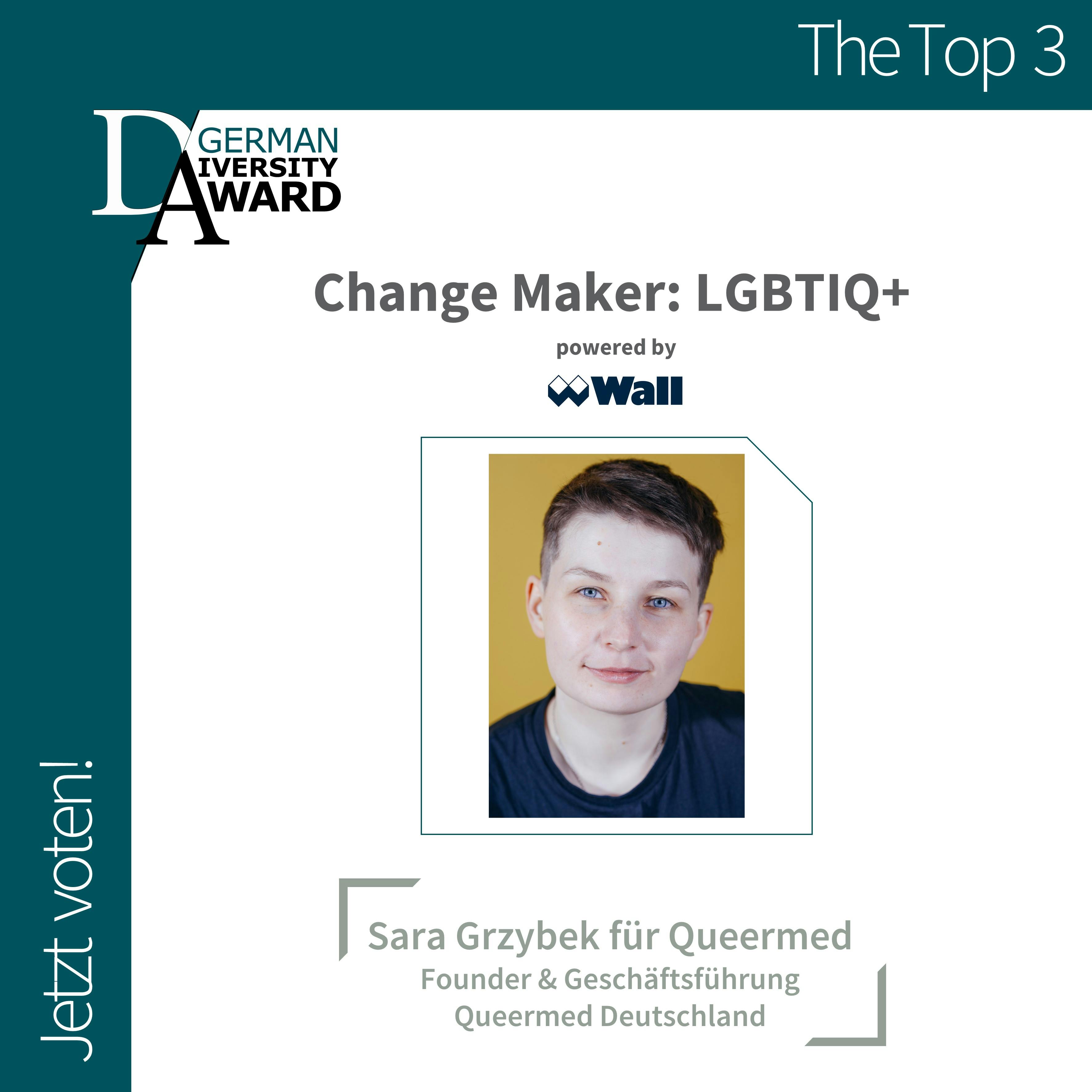 Sara Grzybek von Queermed Deutschland nominiert in der Top 3 der Kategorie "Change Maker: LGBTIQ+"