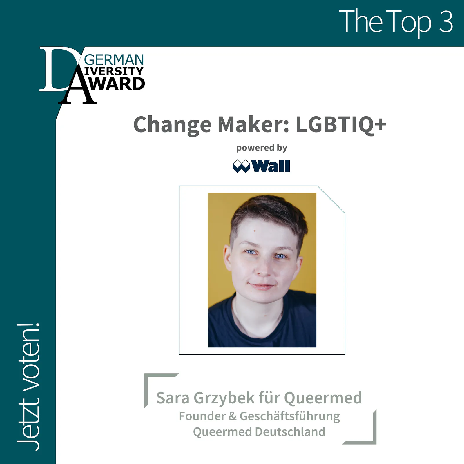 Sara Grzybek von Queermed Deutschland nominiert in der Top 3 der Kategorie "Change Maker: LGBTIQ+"