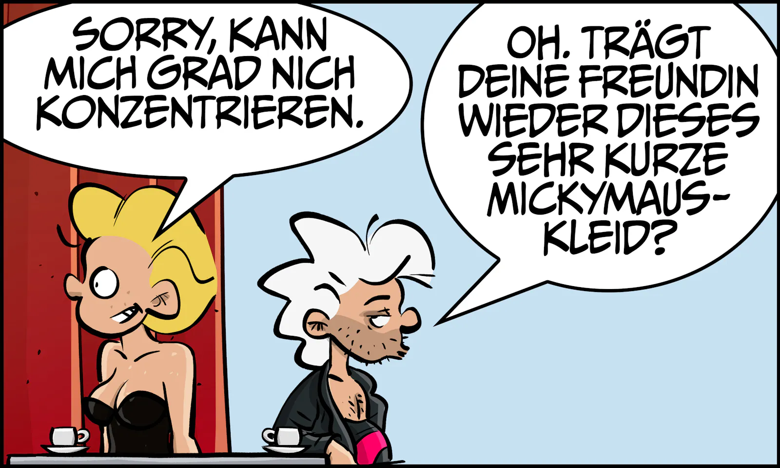 Ivy (mit schwarzem Corsagenkleid) wirkt abgelenkt: „Sorry, kann mich grad nich konzentrieren.“ Chuck (im offenen Hemd) fragt trocken: „Oh. Trägt deine Freundin wieder dieses sehr kurze Mickymauskleid?“