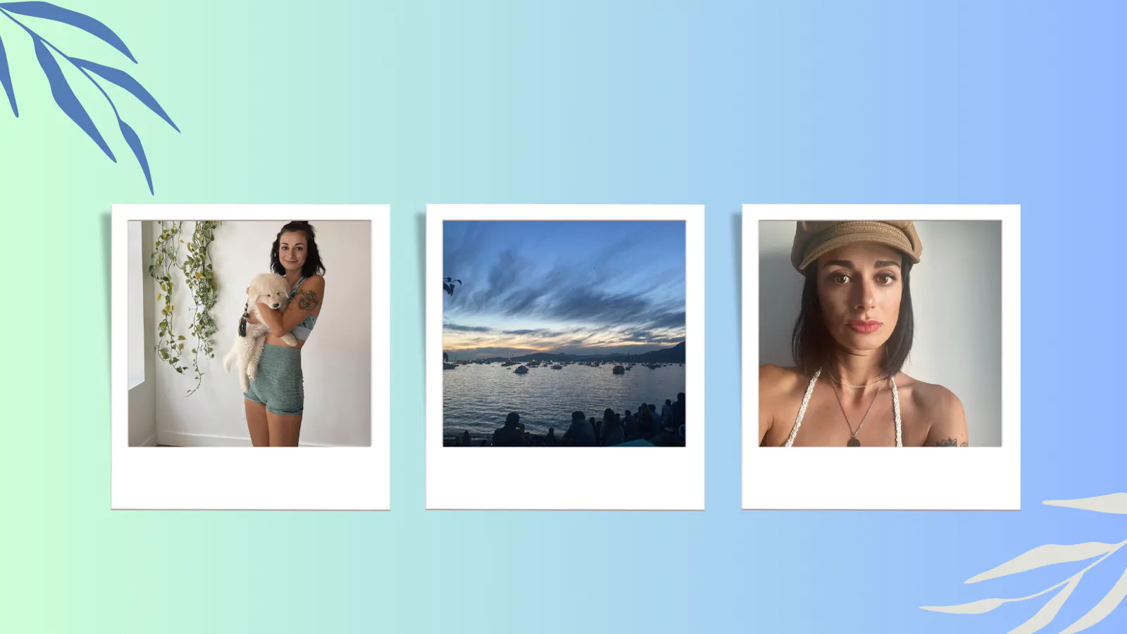 Tre foto polaroid raffiguranti Camilla con un cucciolo di cane, un tramonto sulla spiaggia e Camilla con un cappello.