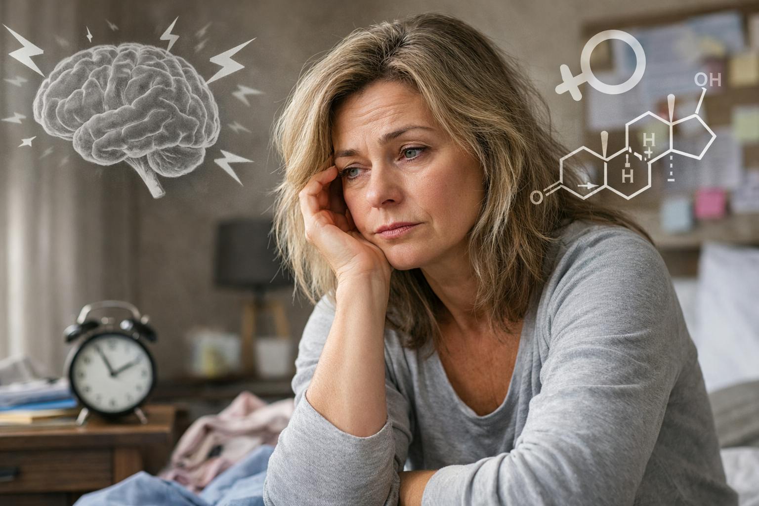 ADHS Frau in der Perimenopause erschöpft und mit hormonellen Schwankungen ratlos sitzend.