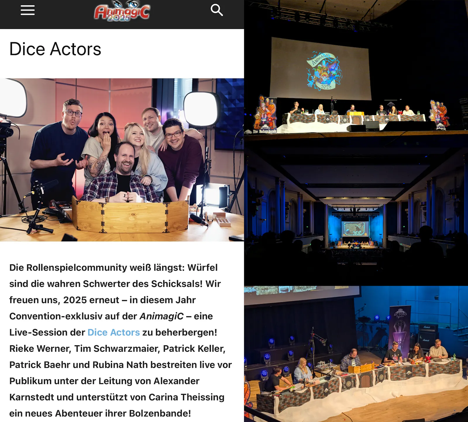 Mehrere Fotos der Dice Actors. Links eine Gruppefoto auf der Website der AnimagiC. Rechts oben und Mitte Bühnenaufnahmen der Live-Session vor großem Publikum mit Projektionsleinwand. Rechts unten ein weiteres Foto der Livespielrunde am Spieltisch auf der Bühne.