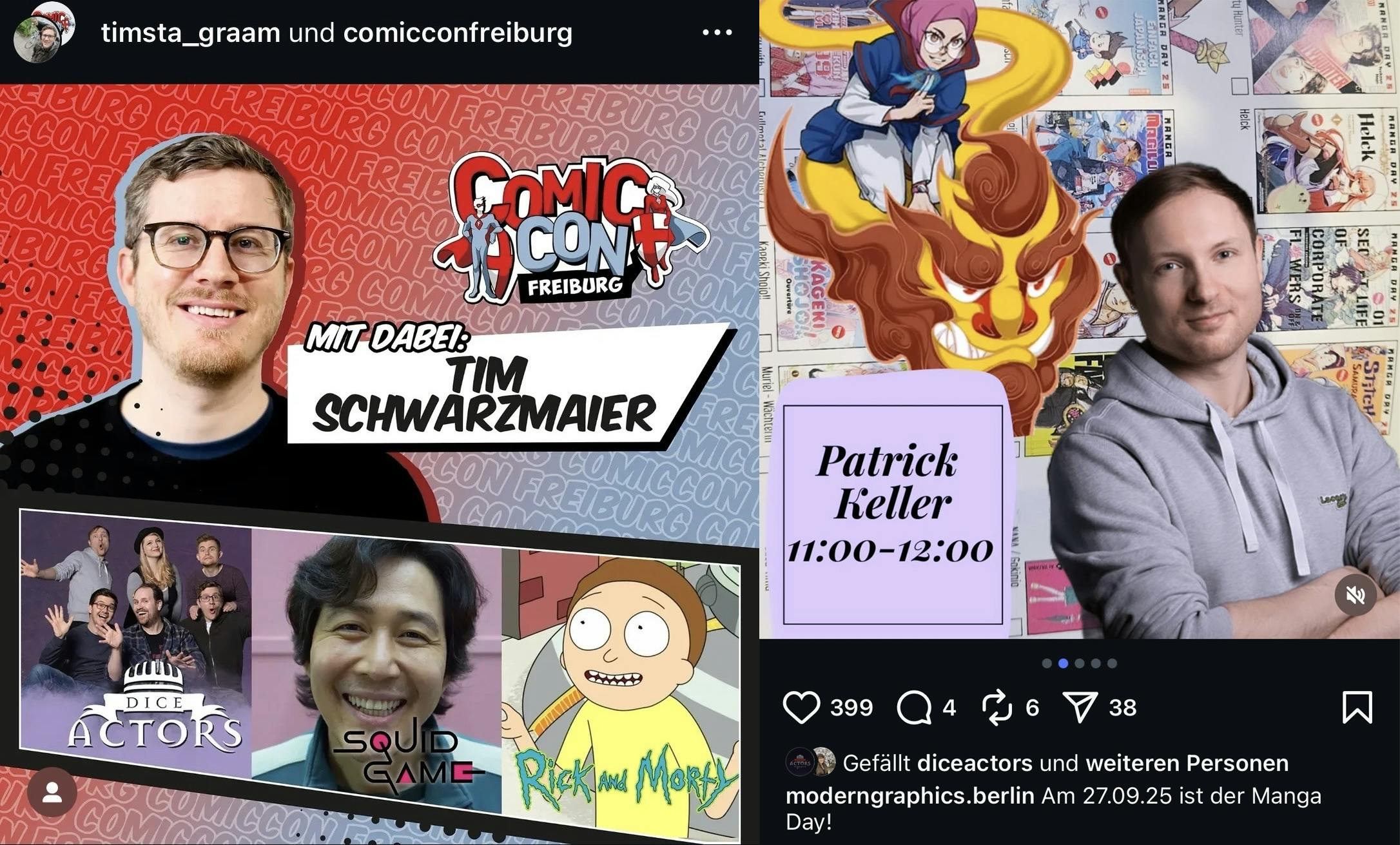 Links: Ankündigung der Comic Con Freiburg. Großes Porträtfoto von Tim. Text „Mit dabei: Tim Schwarzmaier“. Darunter drei Bilder: ein „Dice Actors“-Gruppenbild, Tims Rolle in „Squid Game“ und ein Bild von Morty. Rechts: Porträt von Kelly vor einer Manga-Collage. Textfeld: „Patrick Keller 11:00–12:00. Am 27.09.25 ist der Manga Day!“.