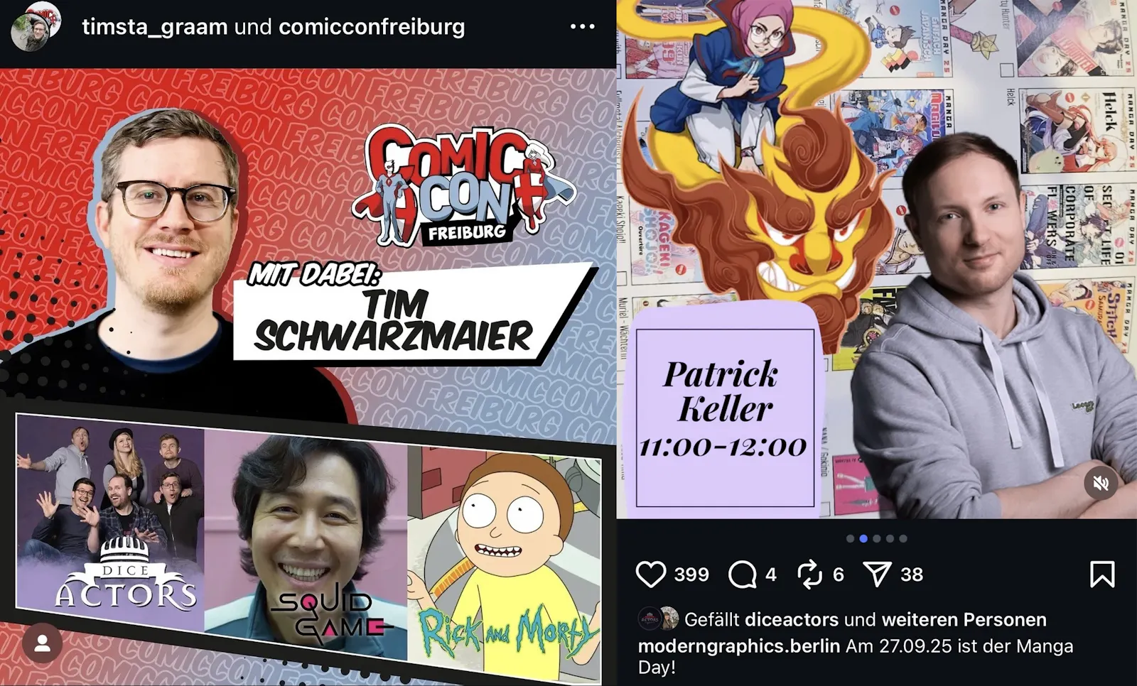 Links: Ankündigung der Comic Con Freiburg. Großes Porträtfoto von Tim. Text „Mit dabei: Tim Schwarzmaier“. Darunter drei Bilder: ein „Dice Actors“-Gruppenbild, Tims Rolle in „Squid Game“ und ein Bild von Morty. Rechts: Porträt von Kelly vor einer Manga-Collage. Textfeld: „Patrick Keller 11:00–12:00. Am 27.09.25 ist der Manga Day!“.