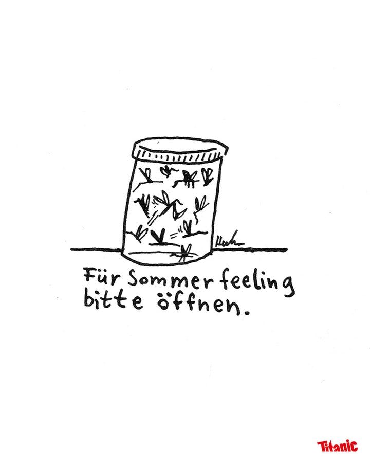 Gezeichneter Cartoon: Zu sehen ist ein Einmachglas voller Mücken, darunter der Text: "Für Sommerfeeling bitte öffnen."