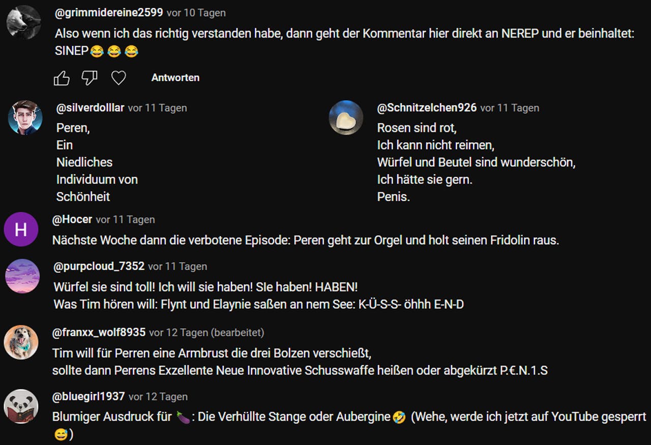 Ein Screenshot mit versauten Kommentaren wie: "Der Kommentar geht direkt an NEREP und er beinhaltet: SINEP" oder "Nächste Woche dann die verbotene Episode: Peren geht zur Orgel und holt seinen Fridolin raus."