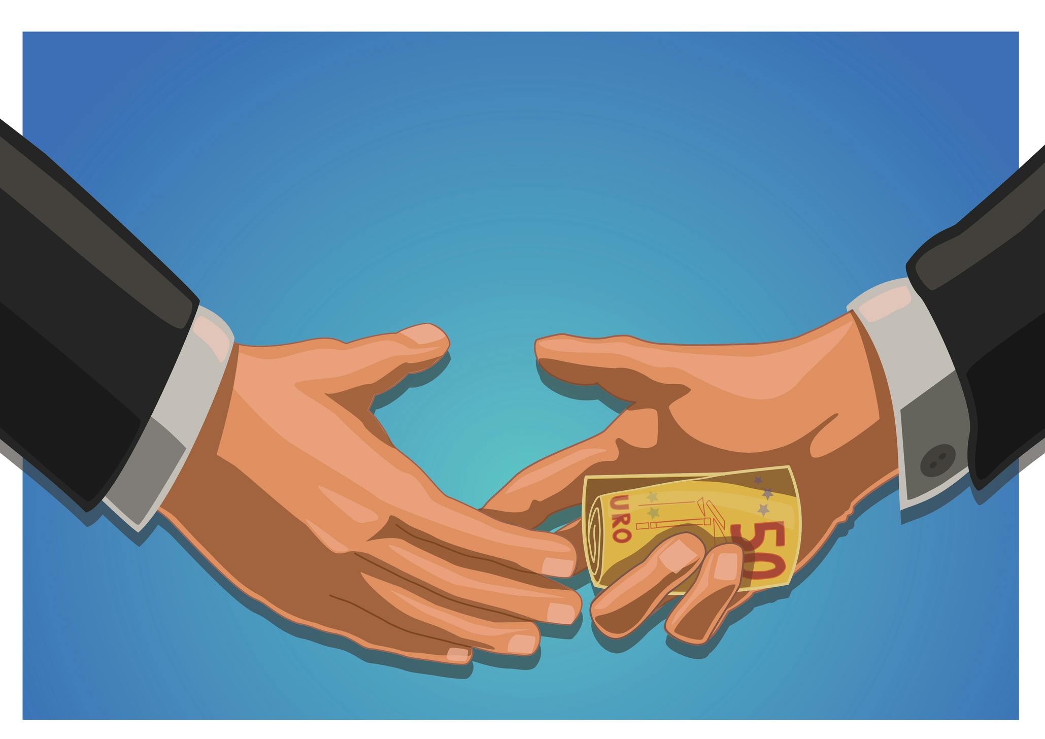 Das Foto zeigt zwei Hände in Anzugärmeln, die sich gegenseitig Geld übergeben. Eine Hand gibt Euro-Scheine an die andere Hand weiter. Die Illustration symbolisiert Korruption und Bestechung.