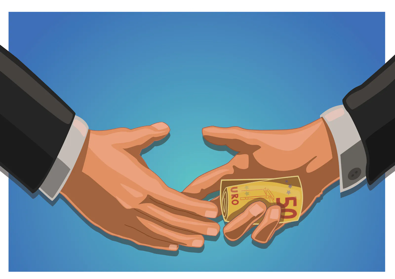 Das Foto zeigt zwei Hände in Anzugärmeln, die sich gegenseitig Geld übergeben. Eine Hand gibt Euro-Scheine an die andere Hand weiter. Die Illustration symbolisiert Korruption und Bestechung.
