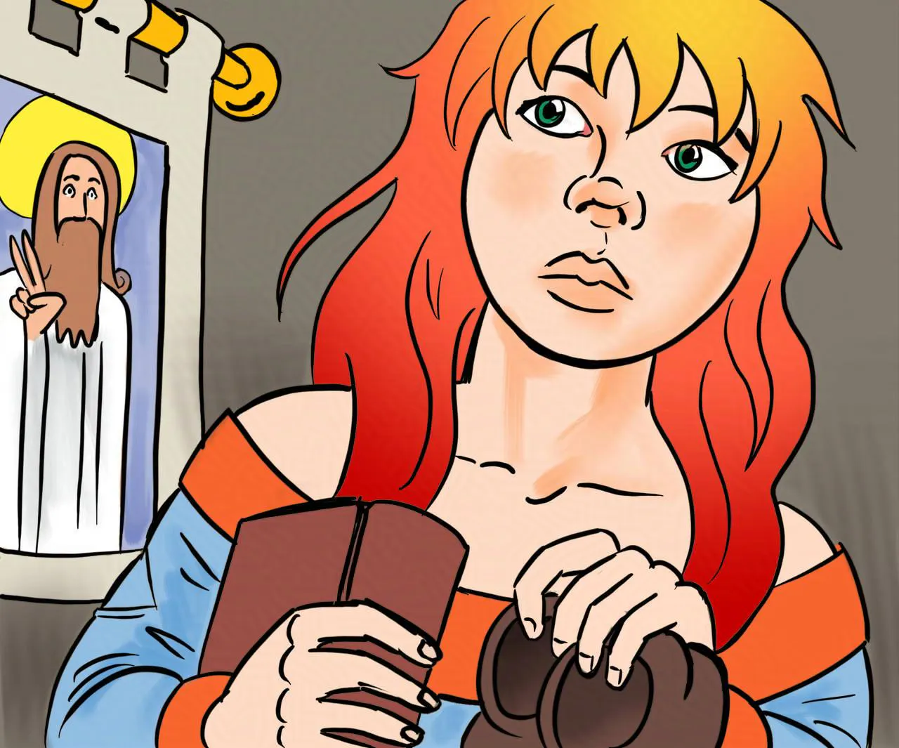 Panel 2:
Krakatoa looks around her. She is carrying a book, and her shoes, in her hands.